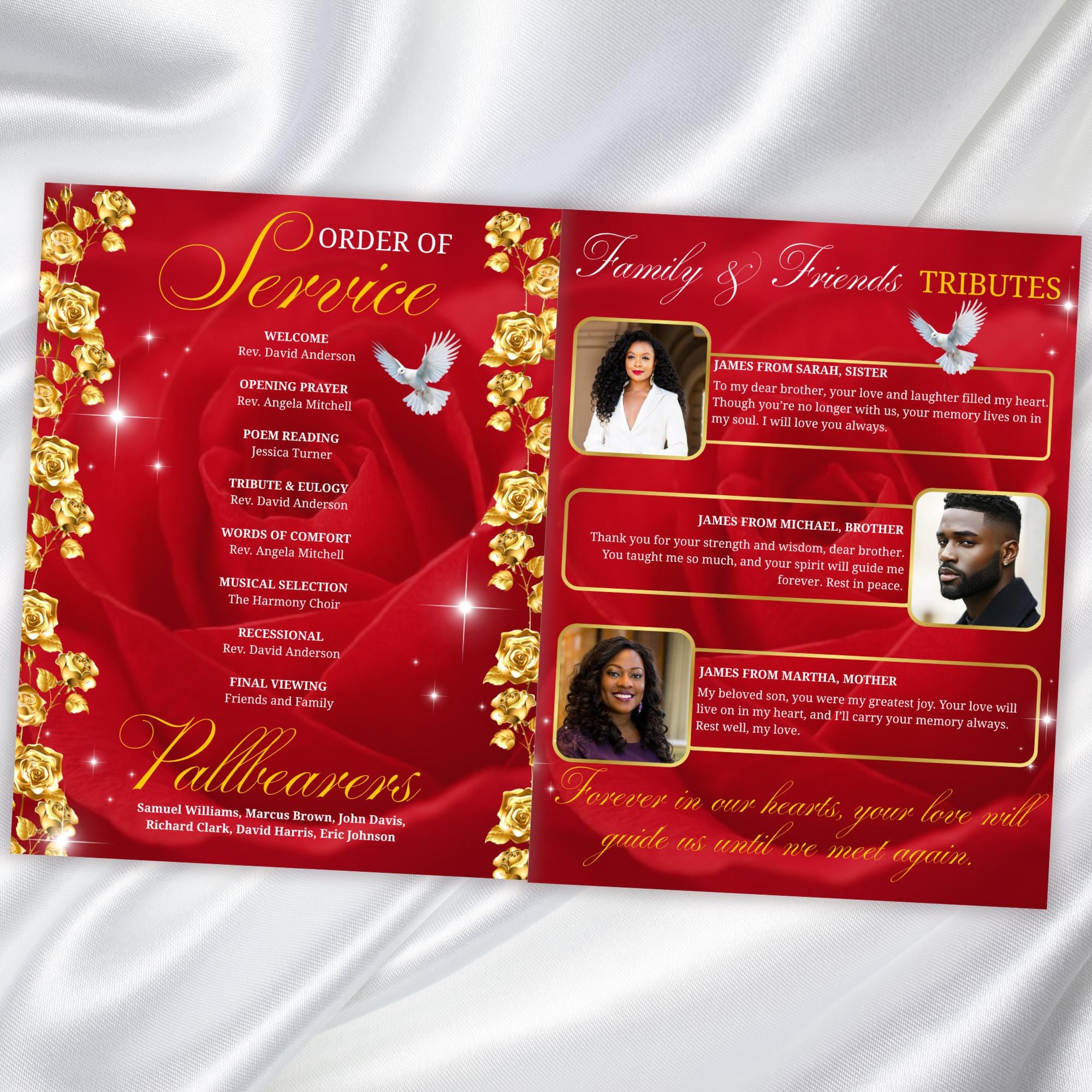 08 Pages Red and Golden Roses Funeral Program Template, Editable Bifold 8.5x11”Design, Obituary Celebration Of Life Program,Digital Download - Editable Memorial Canva Template