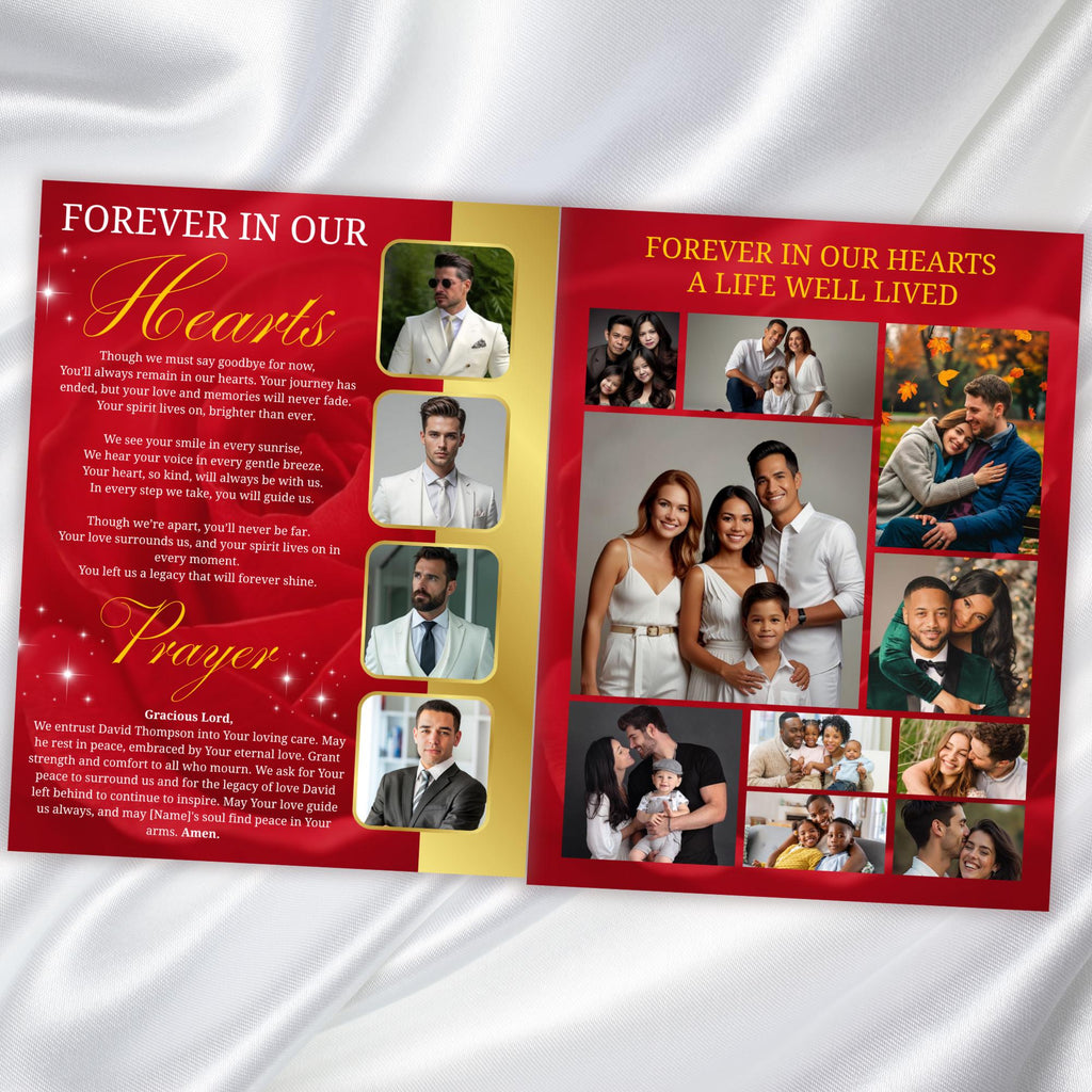 08 Pages Red and Golden Roses Funeral Program Template, Editable Bifold 8.5x11”Design, Obituary Celebration Of Life Program,Digital Download - Editable Memorial Canva Template