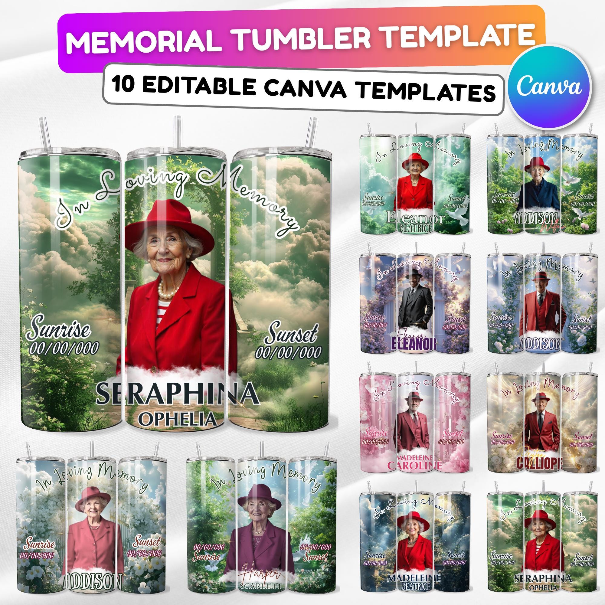 Memorial Tumbler Canva Editable Template Bundle, In Loving Memory Tumbler Template, Memorial Blue Tumbler, Add your Own Photo Canva Tumbler - Editable Memorial Canva Template