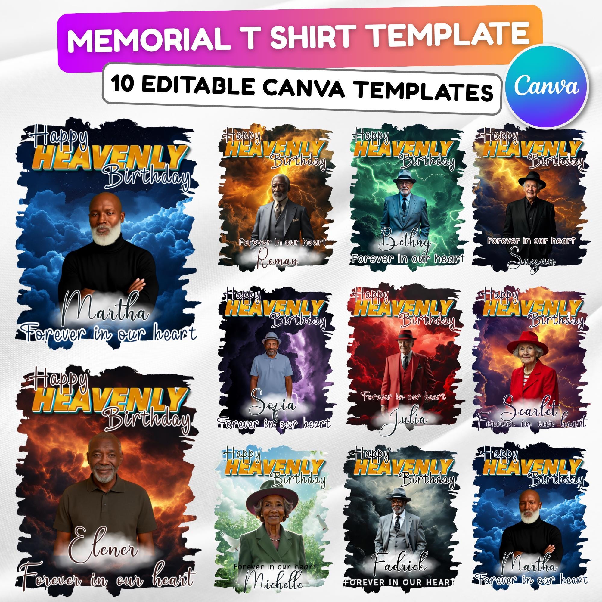 10 Happy Heavenly Birthday T Shirt Canva Editable Template, In Loving Memory Template, Memorial Canva Template,Forever In Our Heart Template - Editable Memorial Canva Template