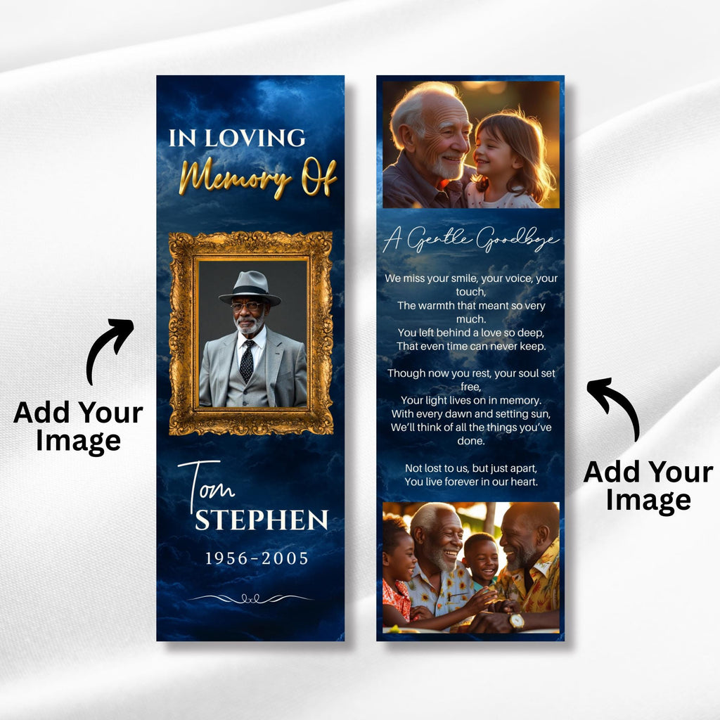In Loving Memory Blue Bookmark Canva Editable Template, Memorial Bookmark Template, Rest in Piece Bookmark Design, Funeral memorial Template - Editable Memorial Canva Template