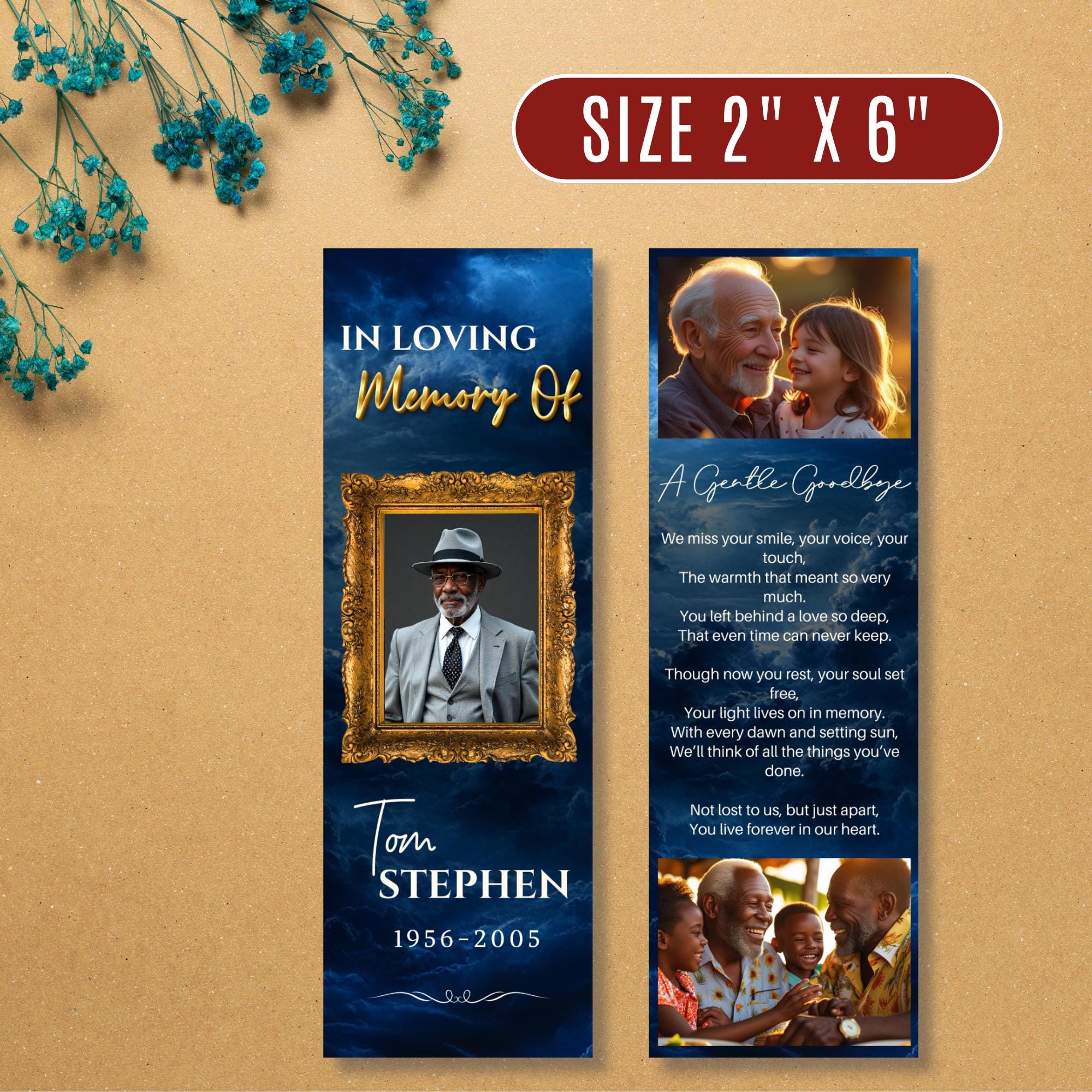 In Loving Memory Blue Bookmark Canva Editable Template, Memorial Bookmark Template, Rest in Piece Bookmark Design, Funeral memorial Template - Editable Memorial Canva Template
