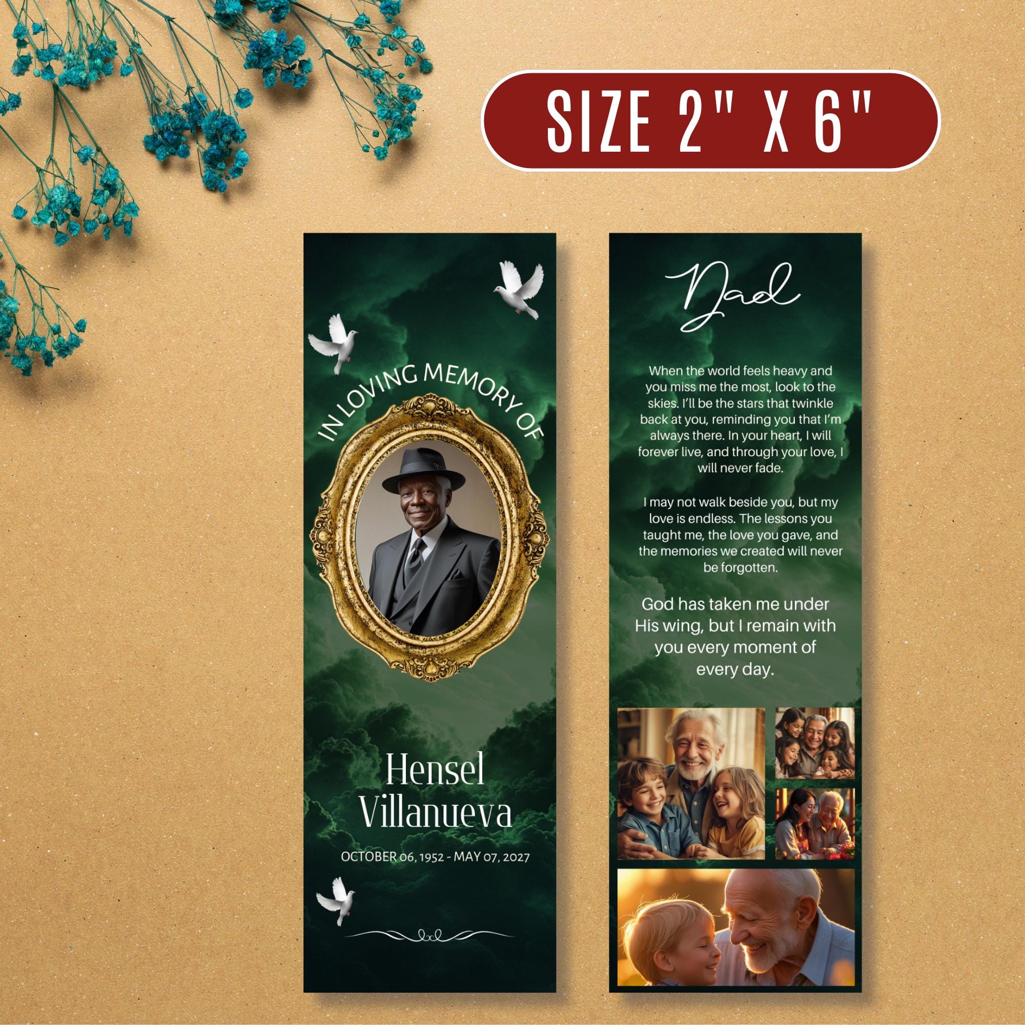 In Loving Memory Green Bookmark Canva Editable Template, Memorial Bookmark Template, Rest in Piece Bookmark Design,Funeral memorial Template - Editable Memorial Canva Template