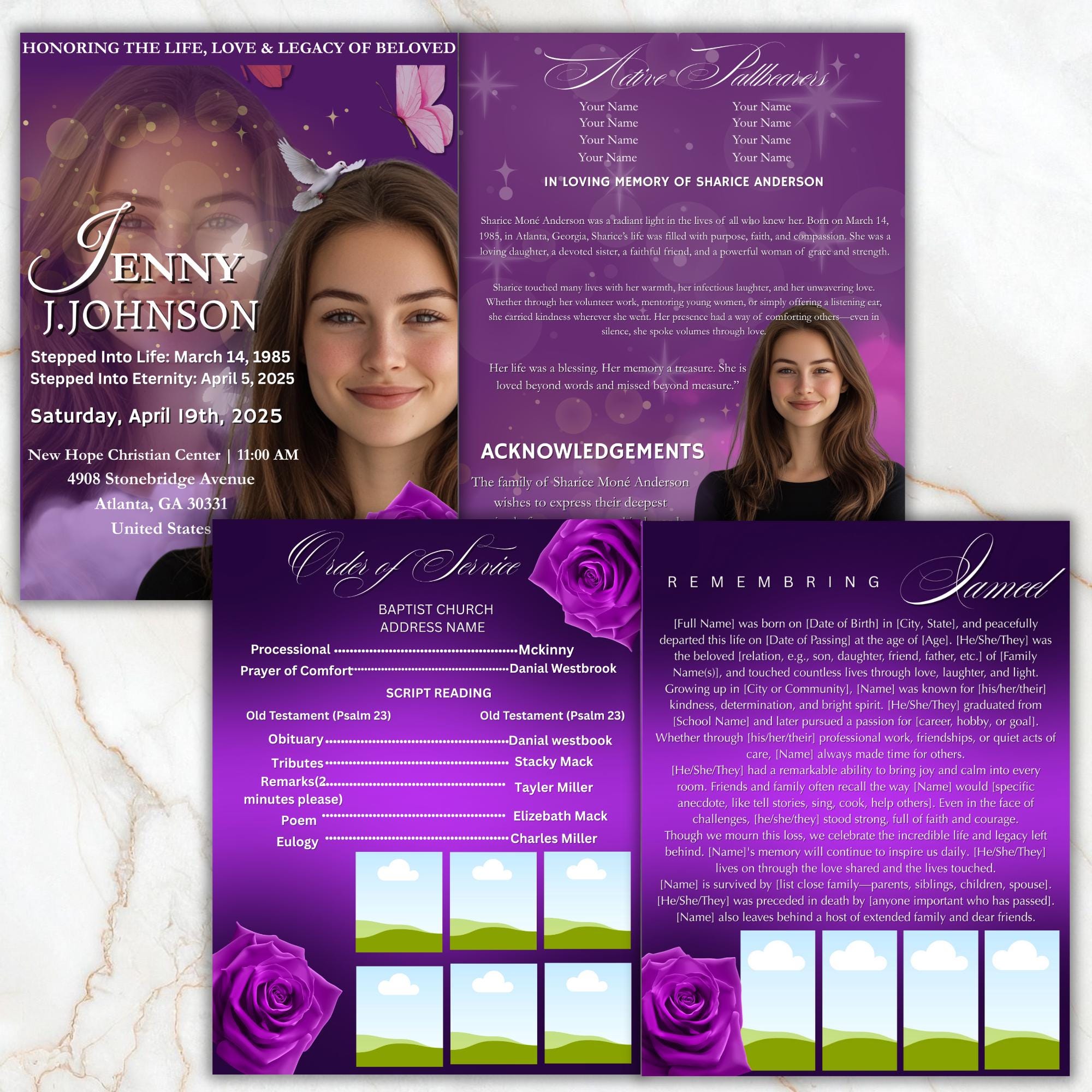 04 Pages Purple Funeral Program Template, Bi-Fold Funeral Program, Obituary Celebration Of Life Program, Digital Download - Editable Memorial Canva Template