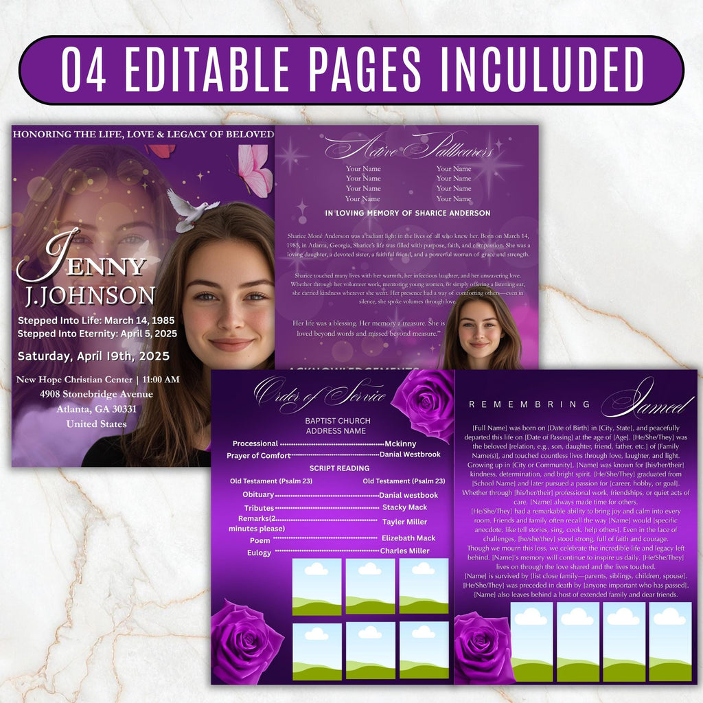 04 Pages Purple Funeral Program Template, Bi-Fold Funeral Program, Obituary Celebration Of Life Program, Digital Download - Editable Memorial Canva Template