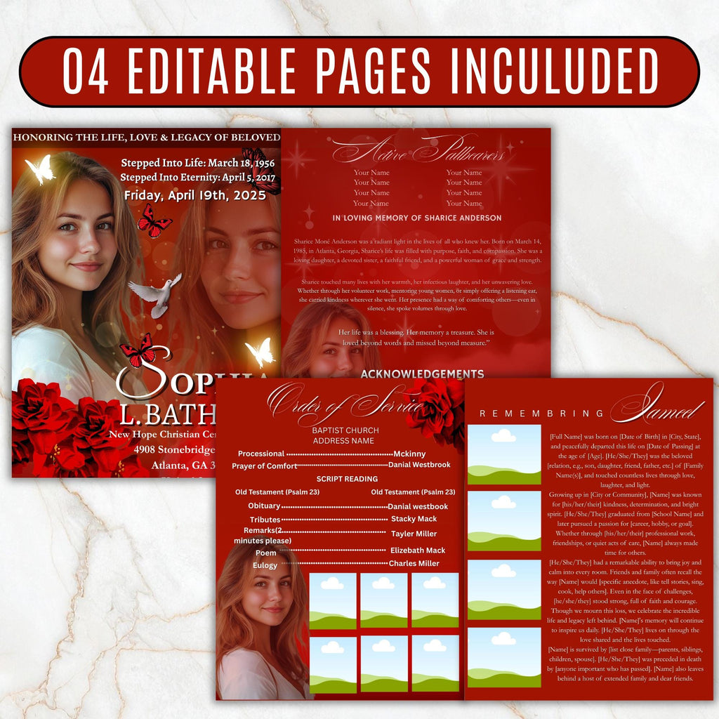 04 Pages Red Funeral Program Template, Bi-Fold Funeral Program, Obituary Celebration Of Life Program, Digital Download - Editable Memorial Canva Template