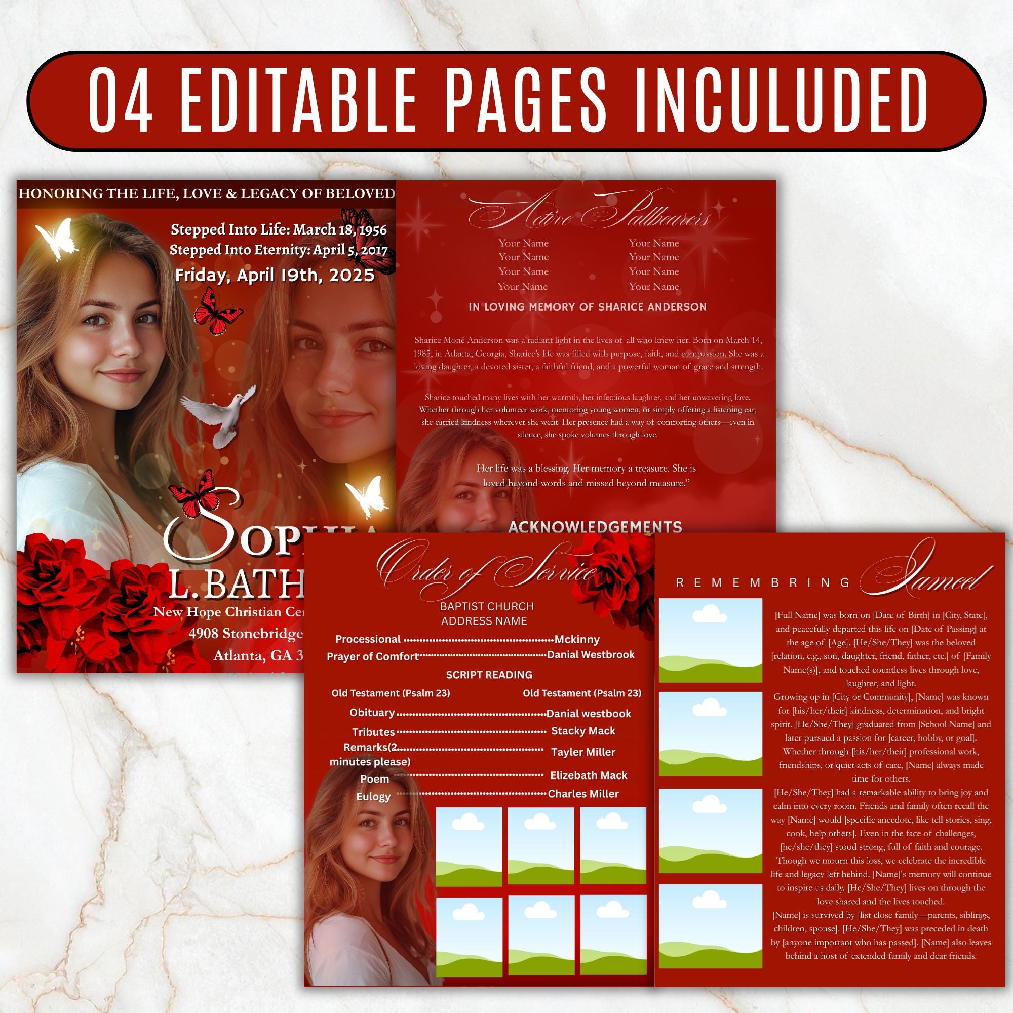 04 Pages Red Funeral Program Template, Bi-Fold Funeral Program, Obituary Celebration Of Life Program, Digital Download - Editable Memorial Canva Template