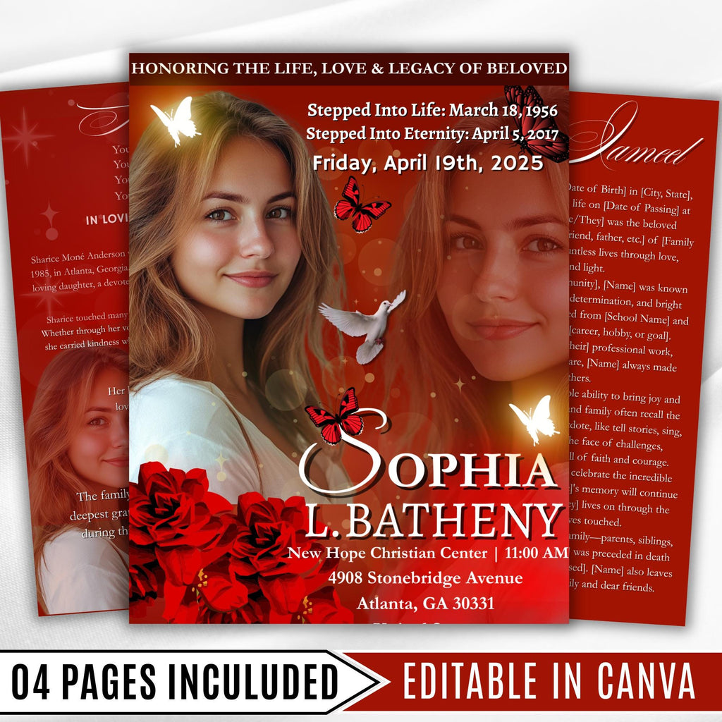 04 Pages Red Funeral Program Template, Bi-Fold Funeral Program, Obituary Celebration Of Life Program, Digital Download - Editable Memorial Canva Template