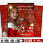 04 Pages Red Funeral Program Template, Bi-Fold Funeral Program, Obituary Celebration Of Life Program, Digital Download - Editable Memorial Canva Template