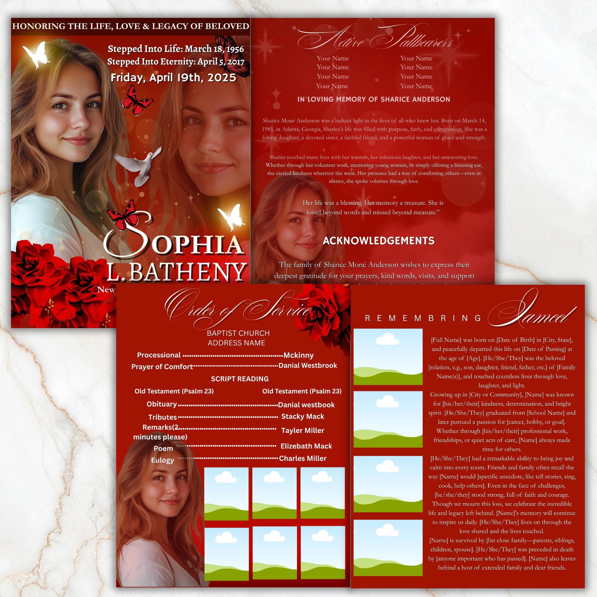 04 Pages Red Funeral Program Template, Bi-Fold Funeral Program, Obituary Celebration Of Life Program, Digital Download - Editable Memorial Canva Template