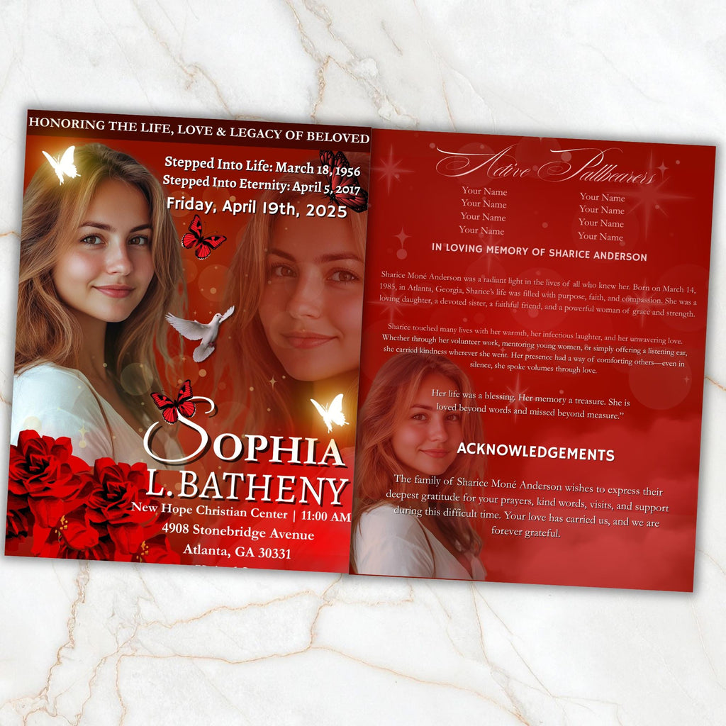 04 Pages Red Funeral Program Template, Bi-Fold Funeral Program, Obituary Celebration Of Life Program, Digital Download - Editable Memorial Canva Template