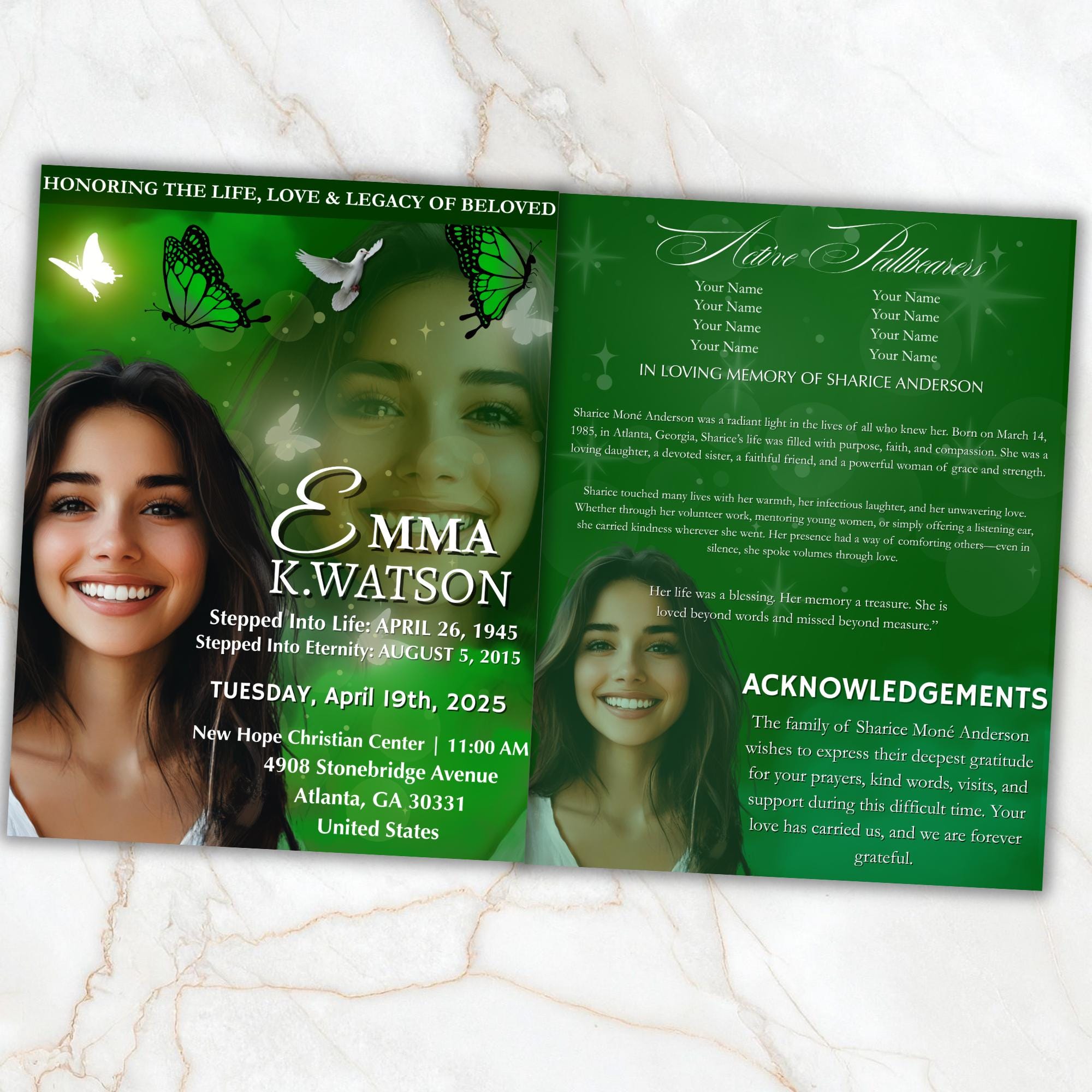 04 Pages Green Funeral Program Template, Bi-Fold Funeral Program, Obituary Celebration Of Life Program, Digital Download - Editable Memorial Canva Template