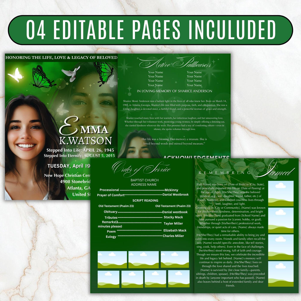 04 Pages Green Funeral Program Template, Bi-Fold Funeral Program, Obituary Celebration Of Life Program, Digital Download - Editable Memorial Canva Template