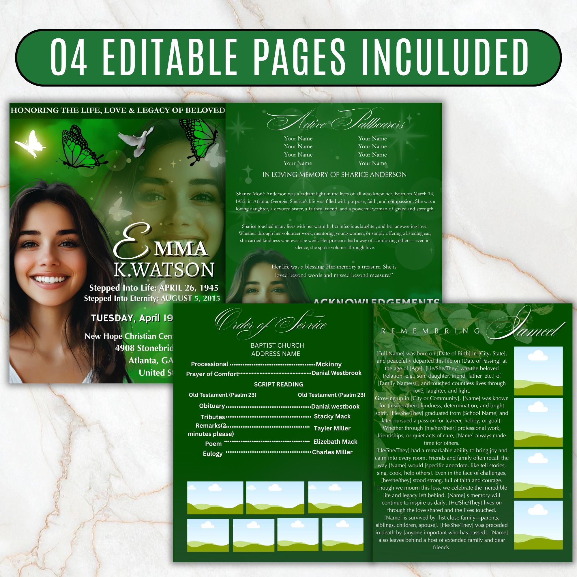 04 Pages Green Funeral Program Template, Bi-Fold Funeral Program, Obituary Celebration Of Life Program, Digital Download - Editable Memorial Canva Template