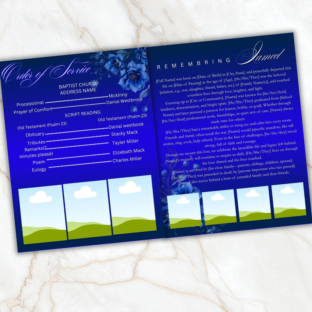 04 Pages Blue Funeral Program Template, Bi-Fold Funeral Program, Obituary Celebration Of Life Program, Memorial Template, Digital Download - Editable Memorial Canva Template