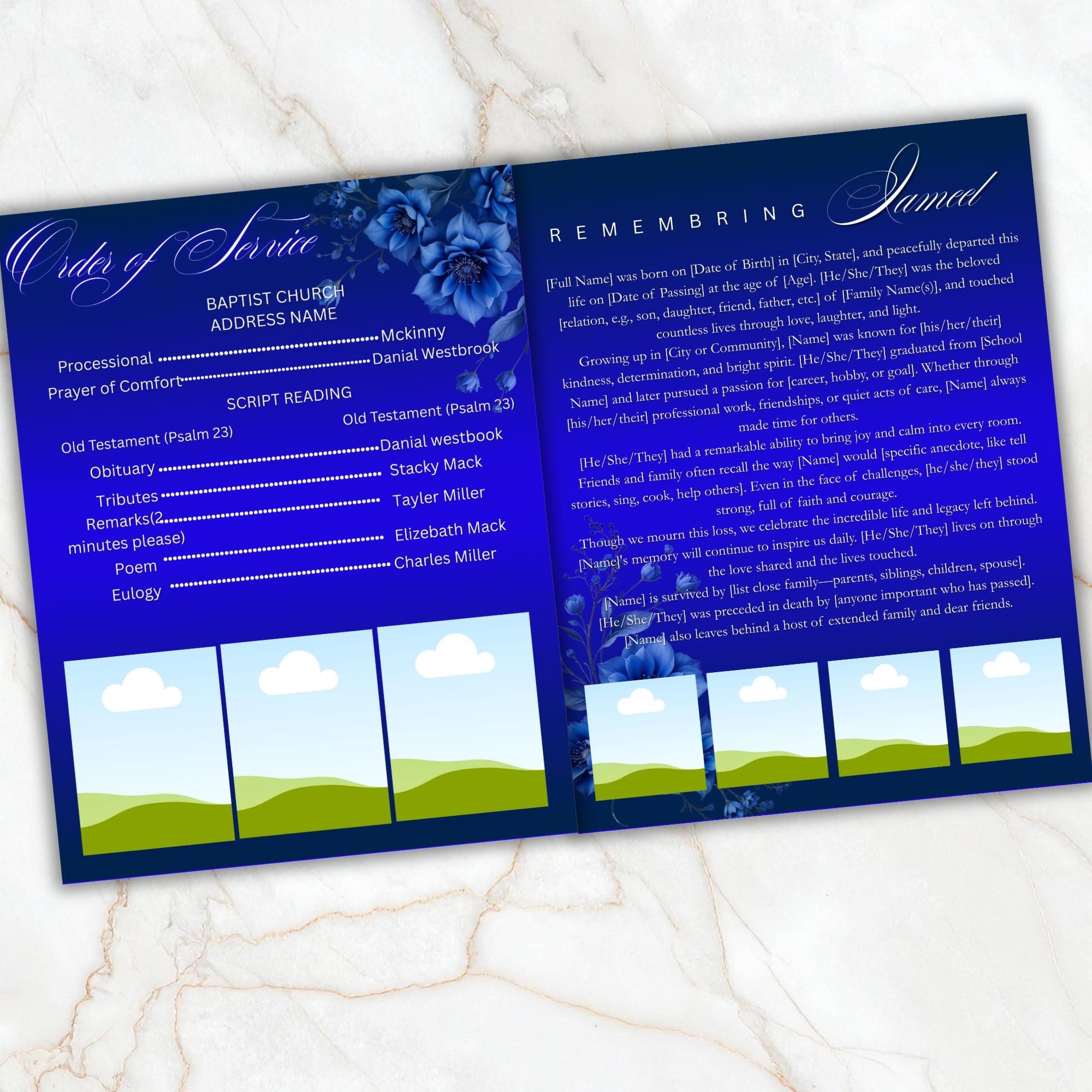 04 Pages Blue Funeral Program Template, Bi-Fold Funeral Program, Obituary Celebration Of Life Program, Memorial Template, Digital Download - Editable Memorial Canva Template