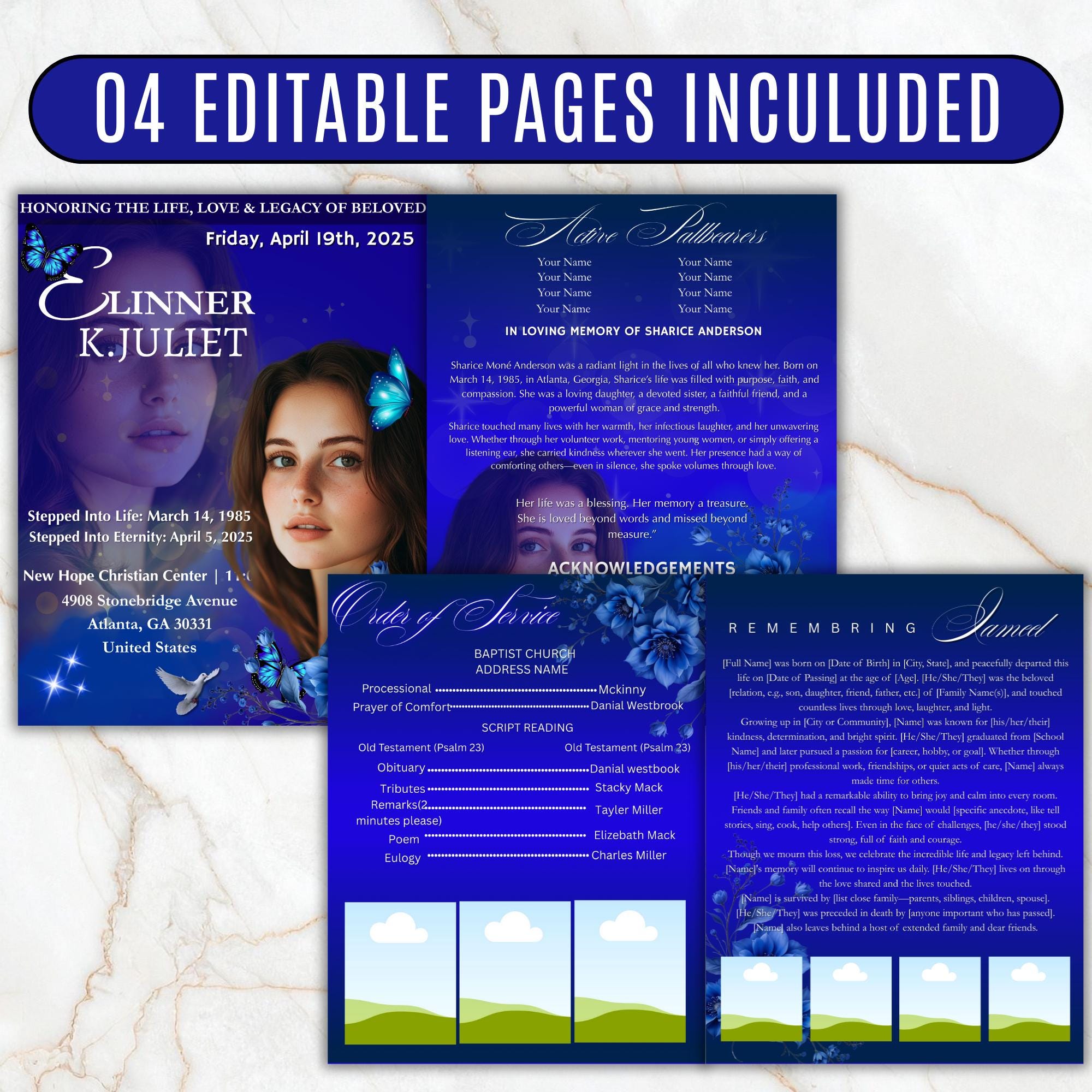 04 Pages Blue Funeral Program Template, Bi-Fold Funeral Program, Obituary Celebration Of Life Program, Memorial Template, Digital Download - Editable Memorial Canva Template