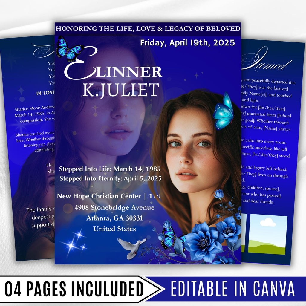 04 Pages Blue Funeral Program Template, Bi-Fold Funeral Program, Obituary Celebration Of Life Program, Memorial Template, Digital Download - Editable Memorial Canva Template
