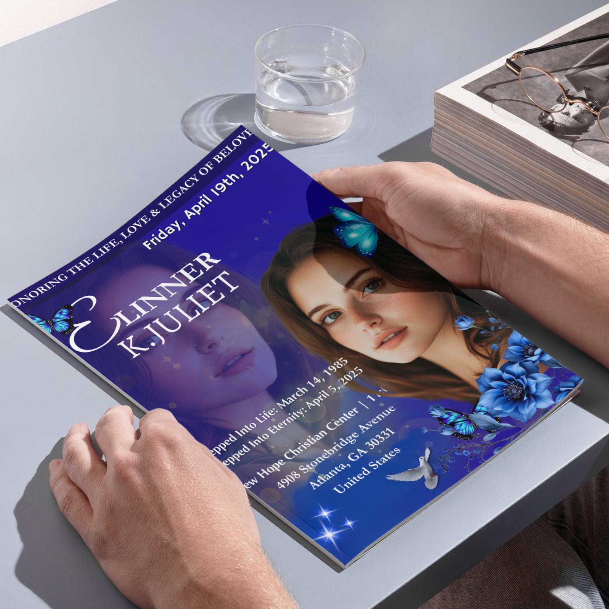04 Pages Blue Funeral Program Template, Bi-Fold Funeral Program, Obituary Celebration Of Life Program, Memorial Template, Digital Download - Editable Memorial Canva Template