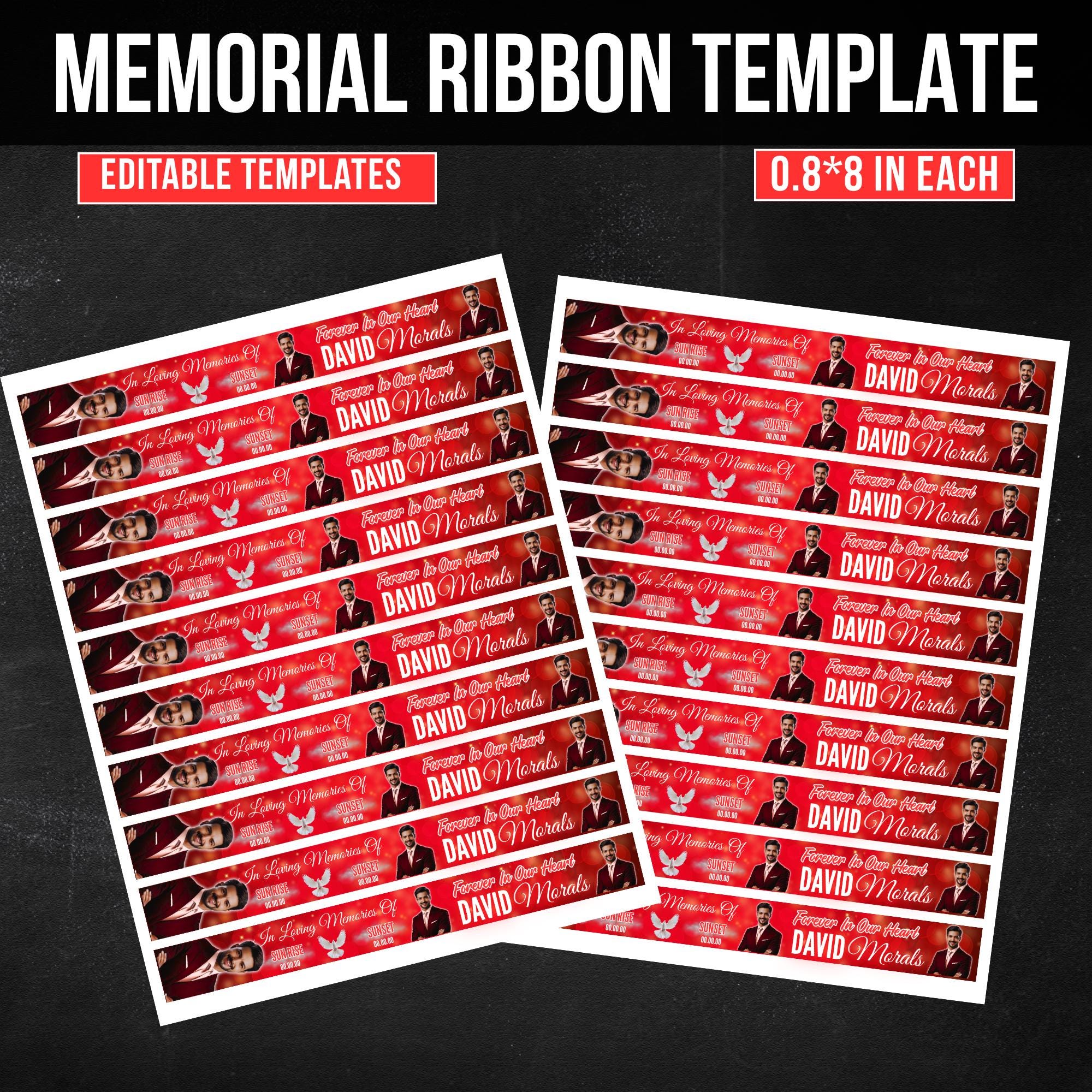 In Loving Memory Red Ribbon Canva Editable Template, Rest in Piece Ribbon Design, Funeral memorial Template, Memorial Ribbon Template - Editable Memorial Canva Template