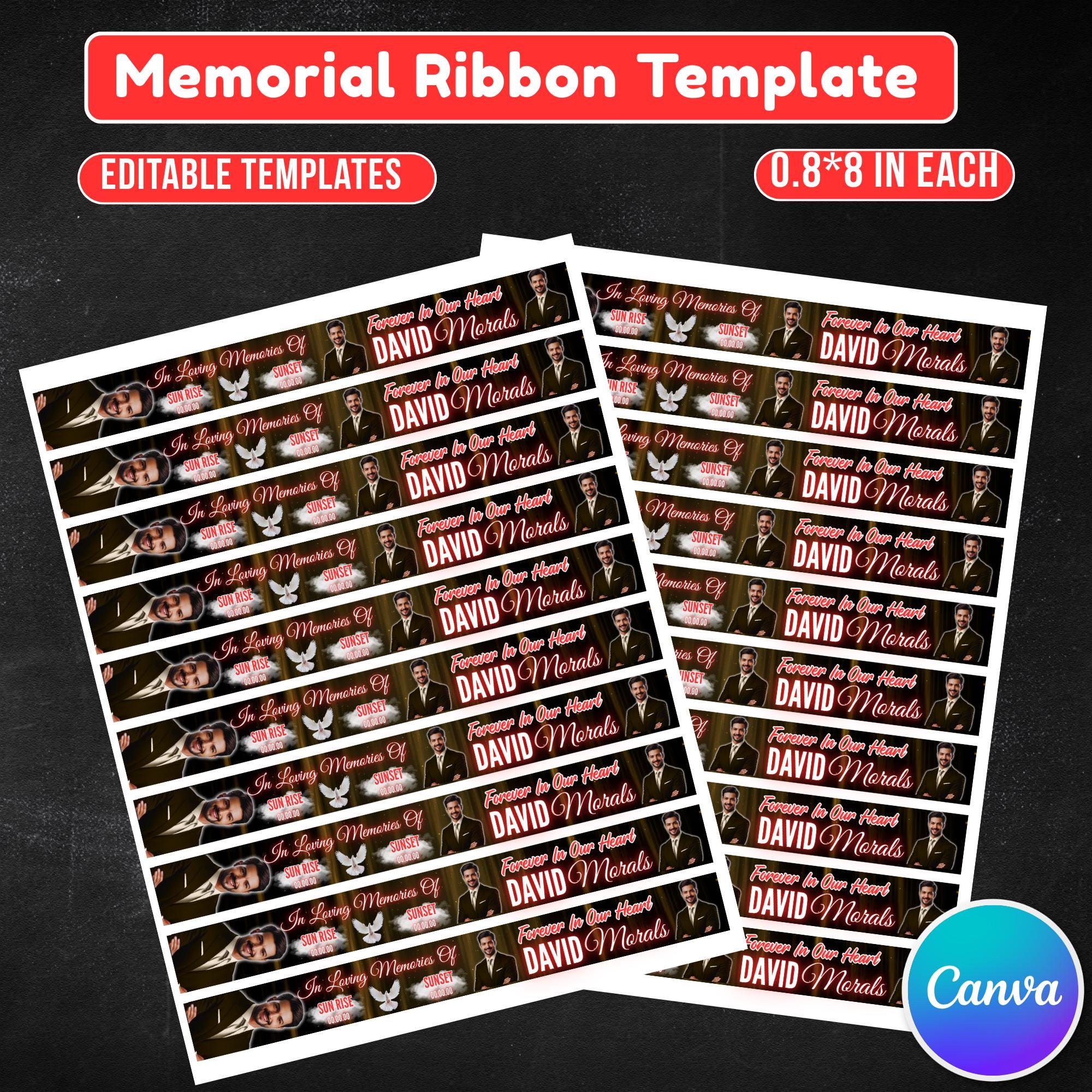 In Loving Memory Black & Red Ribbon Canva Editable Template, Rest in Piece Ribbon Design, Funeral memorial Template,Memorial Ribbon Template - Editable Memorial Canva Template