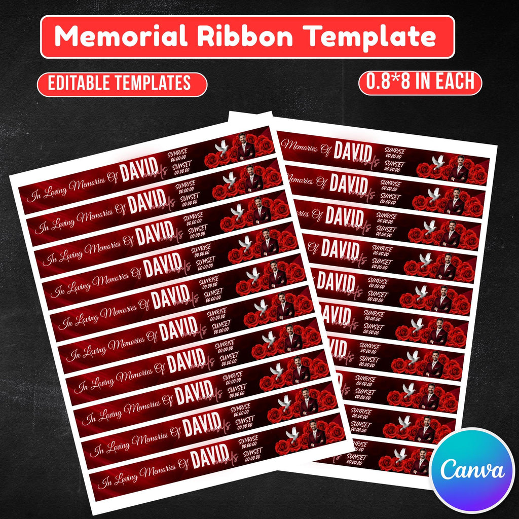 In Loving Memory Red Ribbon Canva Editable Template, Rest in Piece Ribbon Design, Funeral memorial Template, Memorial Ribbon Template - Editable Memorial Canva Template