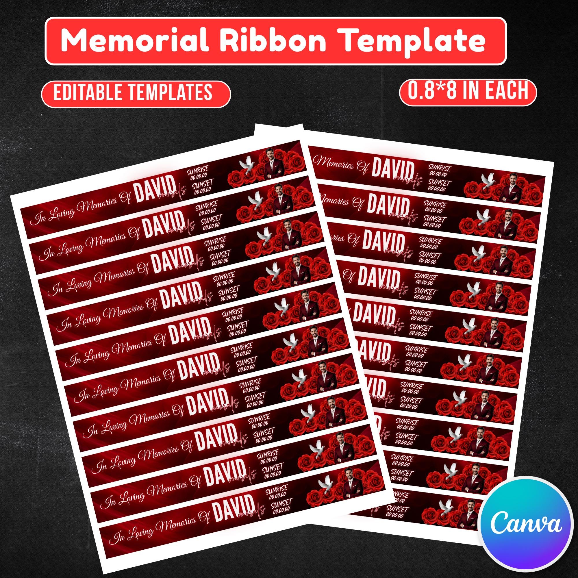 In Loving Memory Red Ribbon Canva Editable Template, Rest in Piece Ribbon Design, Funeral memorial Template, Memorial Ribbon Template - Editable Memorial Canva Template