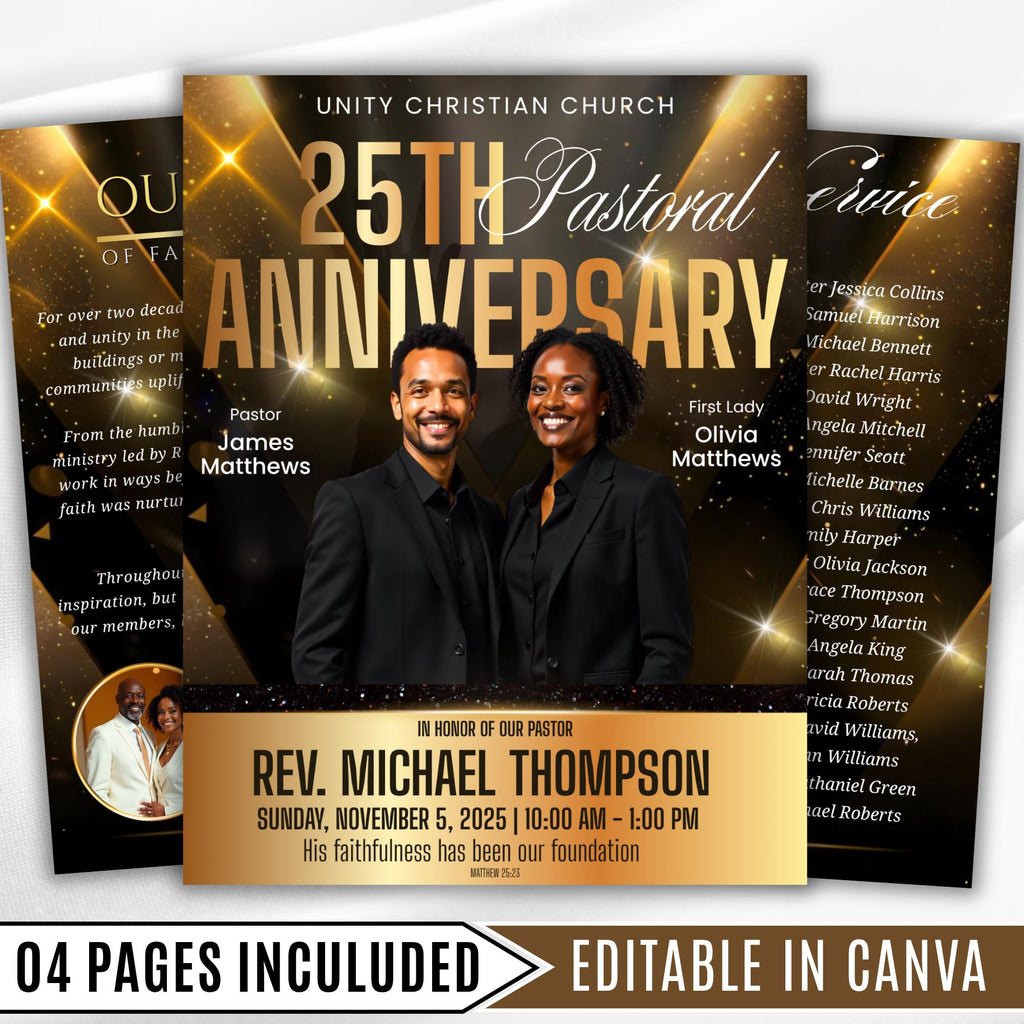 25th Pastoral Anniversary Flyer Editable Template, Bi-Fold Funeral Program, Church Program Template, Printable & Editable, Instant Download - Editable Memorial Canva Template
