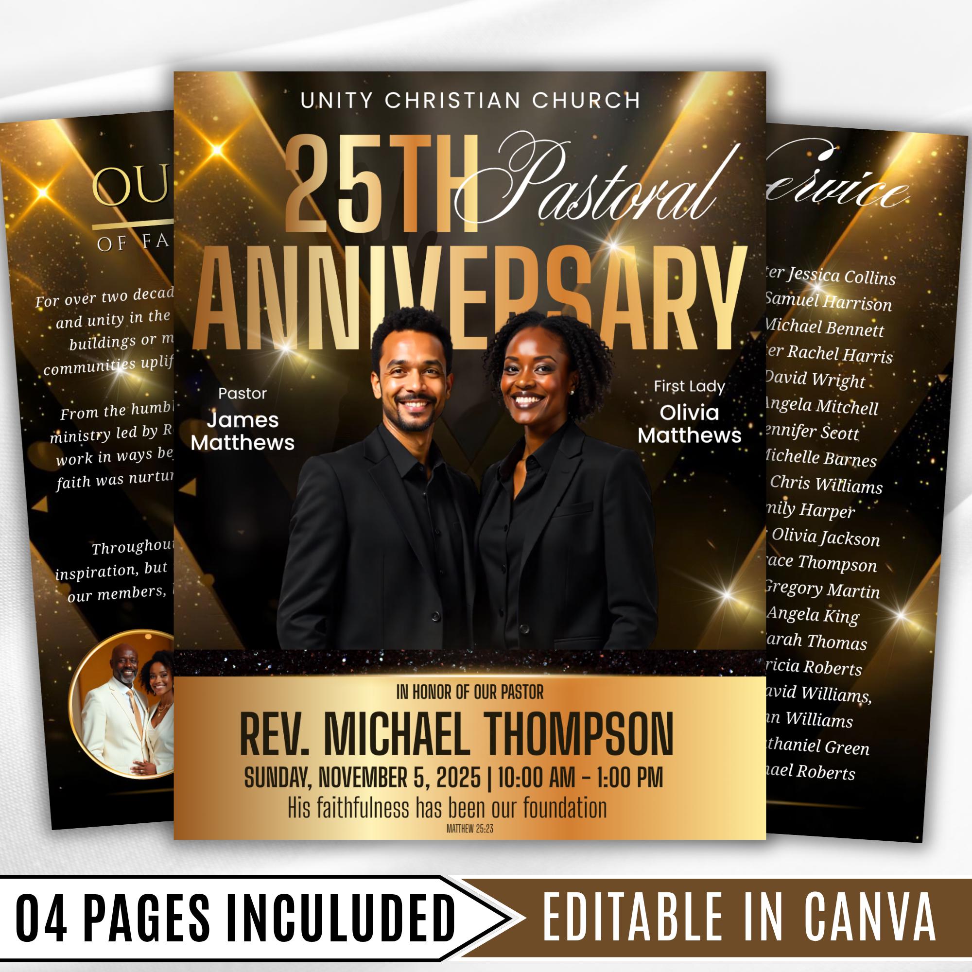 25th Pastoral Anniversary Flyer Editable Template, Bi-Fold Funeral Program, Church Program Template, Printable & Editable, Instant Download - Editable Memorial Canva Template