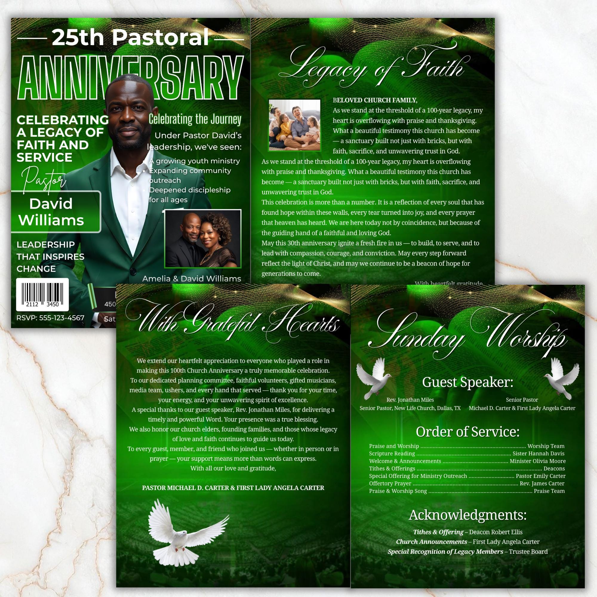 04 Green Church Anniversary Program Template, Editable Bifold 8.5x11” Design, Church Appreciation Program, Anniversary & Faith Celebration - Editable Memorial Canva Template