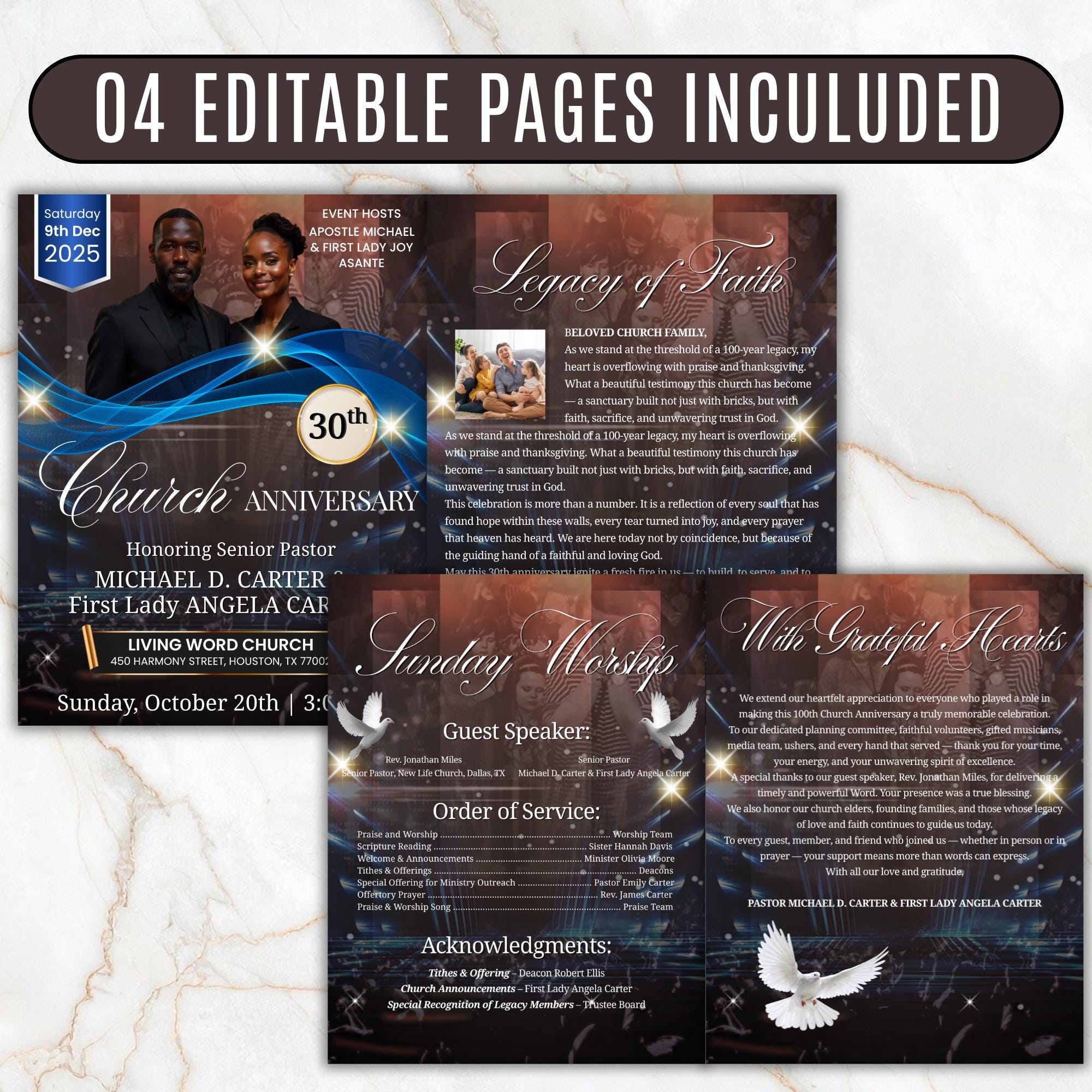 30th Black Church Anniversary Program Template, Editable Bifold 8.5x11” Design, Church Appreciation Program, Anniversary & Faith Celebration - Editable Memorial Canva Template