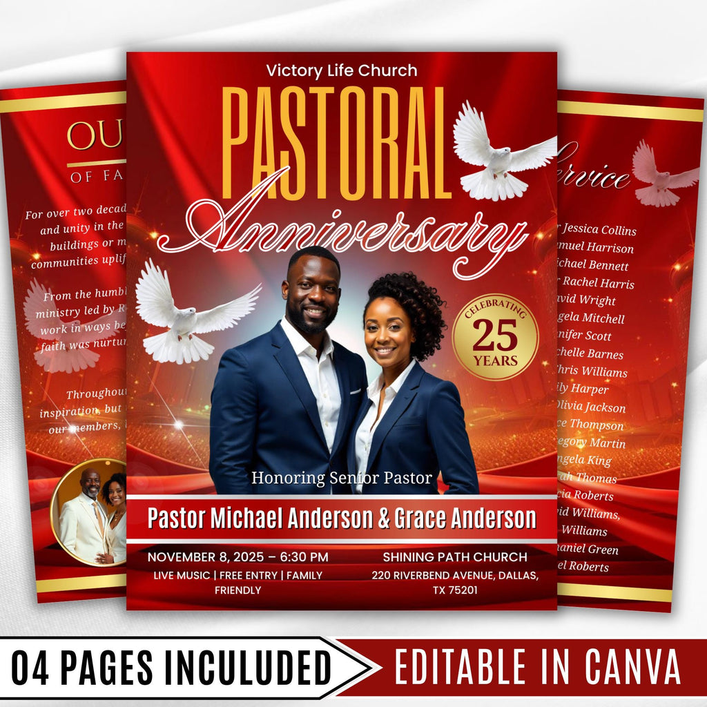 04 Red Pastoral Church Anniversary Program Template, Editable Bifold 8.5x11”, Church Appreciation Program, Anniversary & Faith Celebration - Editable Memorial Canva Template