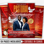 04 Red Pastoral Church Anniversary Program Template, Editable Bifold 8.5x11”, Church Appreciation Program, Anniversary & Faith Celebration - Editable Memorial Canva Template