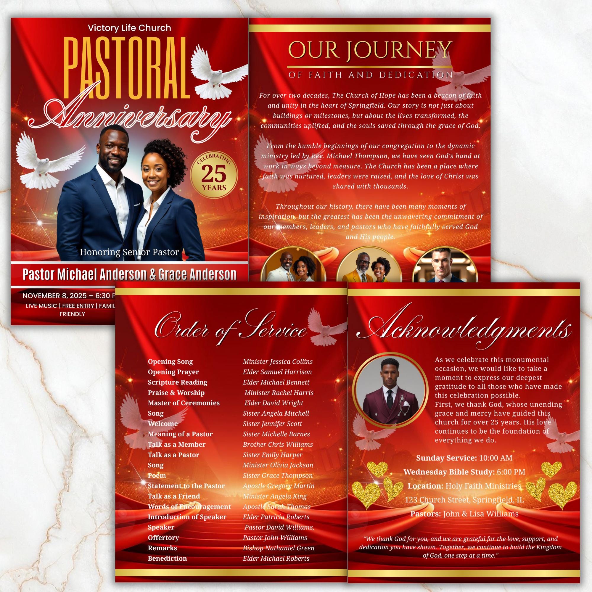 04 Red Pastoral Church Anniversary Program Template, Editable Bifold 8.5x11”, Church Appreciation Program, Anniversary & Faith Celebration - Editable Memorial Canva Template