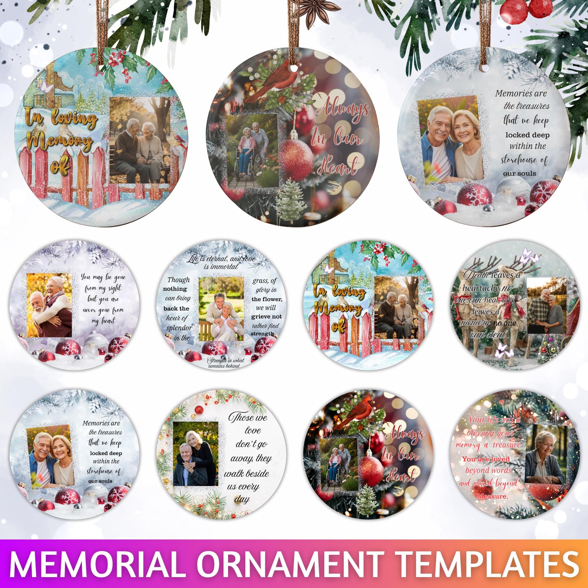10 Memorial Christmas Ornament Bundle Canva Template, Round Christmas in Heaven, Memorial Ornaments Template, Funeral & Celebration - Editable Memorial Canva Template