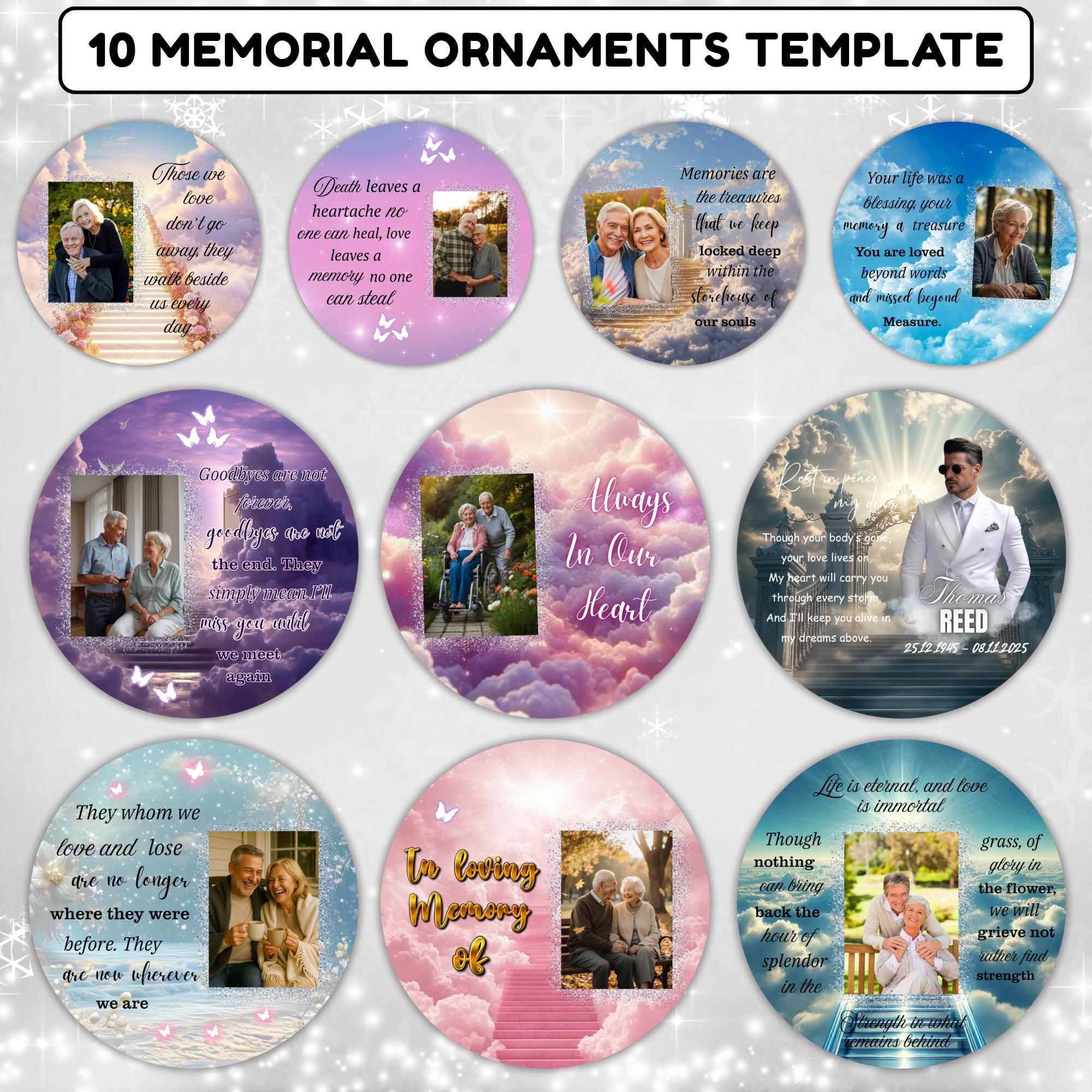 10 Memorial Christmas Ornament Bundle Canva Template, Round Christmas in Heaven, Memorial Ornaments Template, Funeral & Celebration - Editable Memorial Canva Template