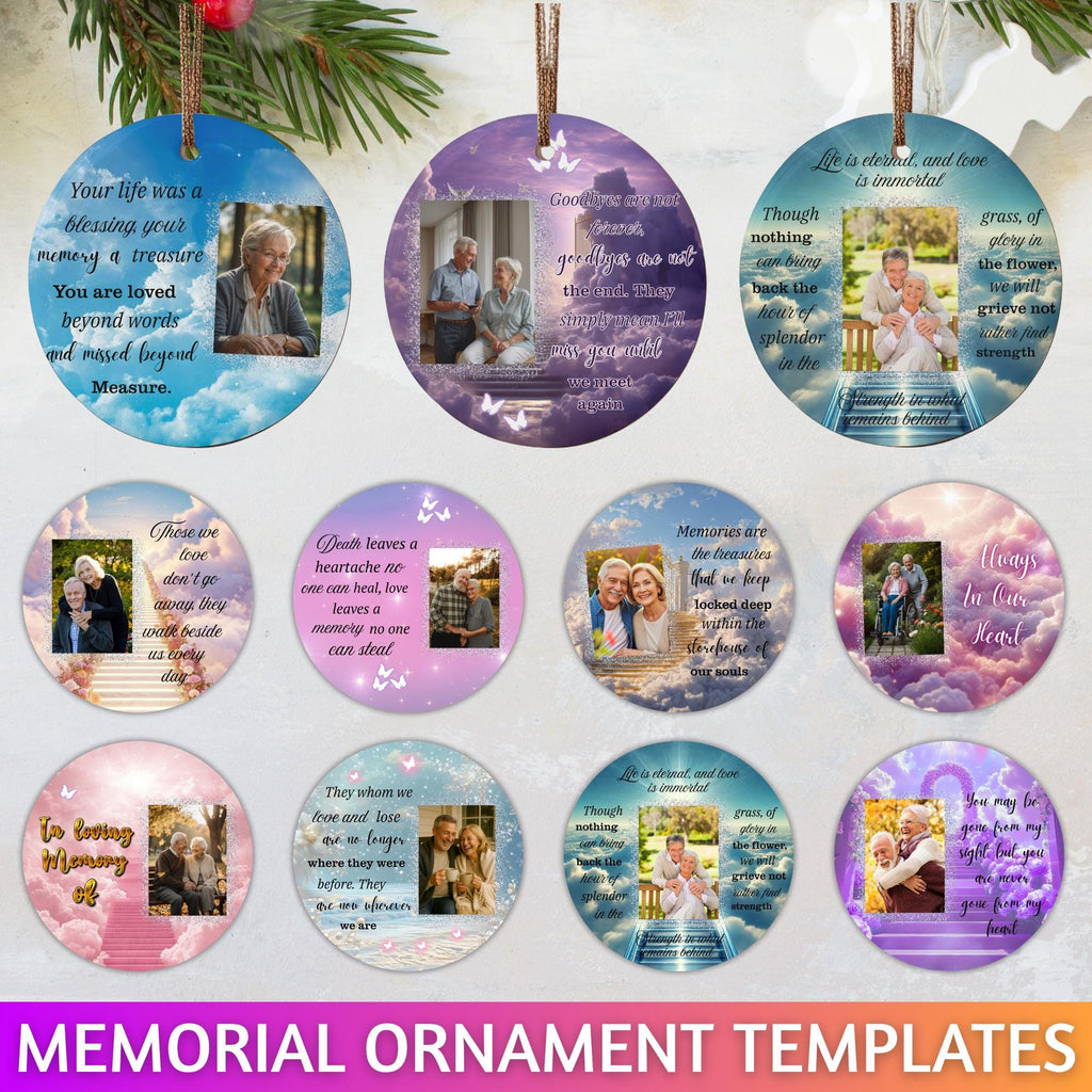 10 Memorial Christmas Ornament Bundle Canva Template, Round Christmas in Heaven, Memorial Ornaments Template, Funeral & Celebration - Editable Memorial Canva Template