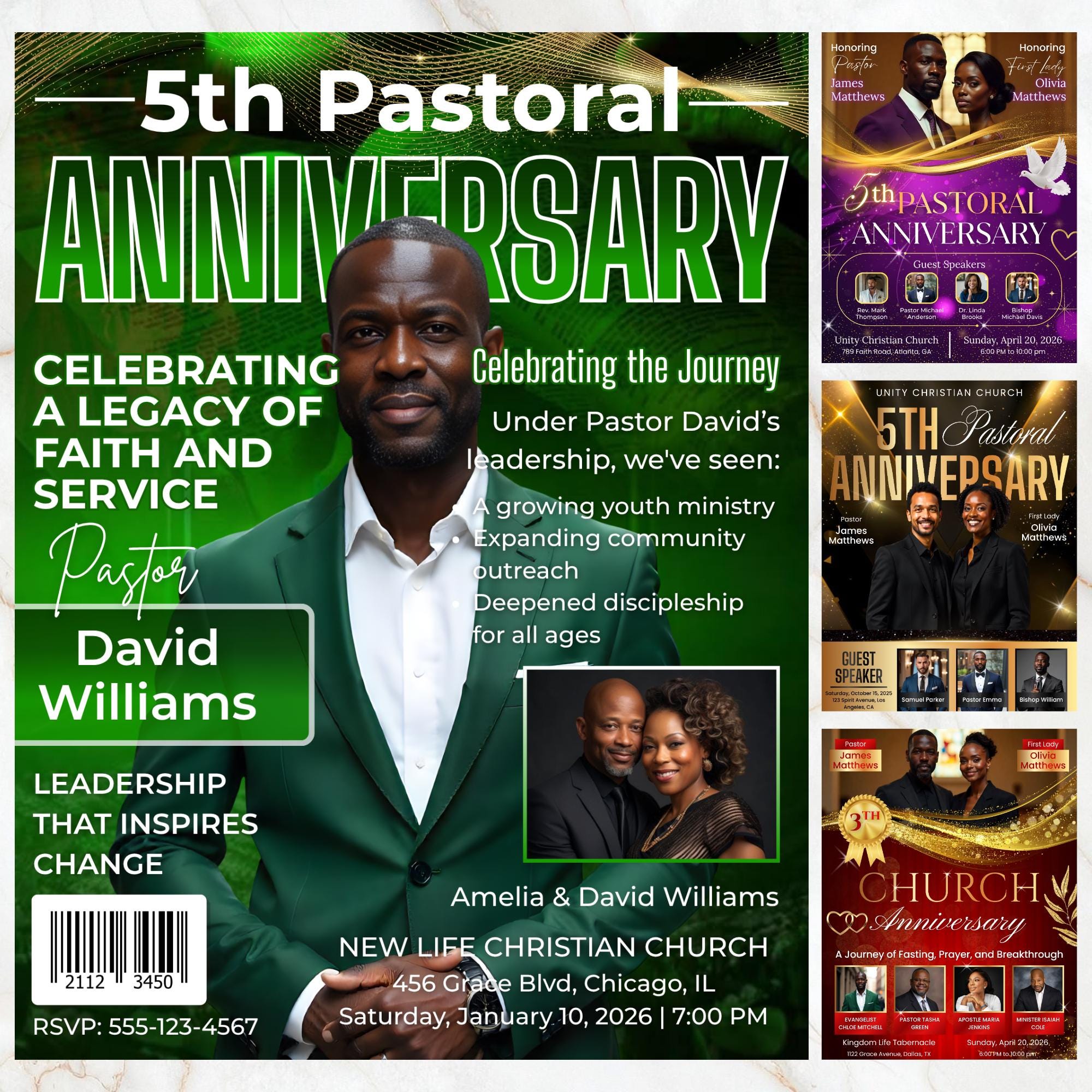04 Pastoral Church Flyer Anniversary Program Template, Funeral Program, Church Program Template, Obituary Celebration Of Life Program - Editable Memorial Canva Template