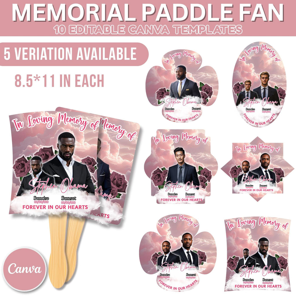 10 Pink In Loving Memory Paddle Fan Editable Template, Memorial Fan, Celebration of Life Paddle Fan, In Loving Memory Handheld Tribute - Editable Memorial Canva Template