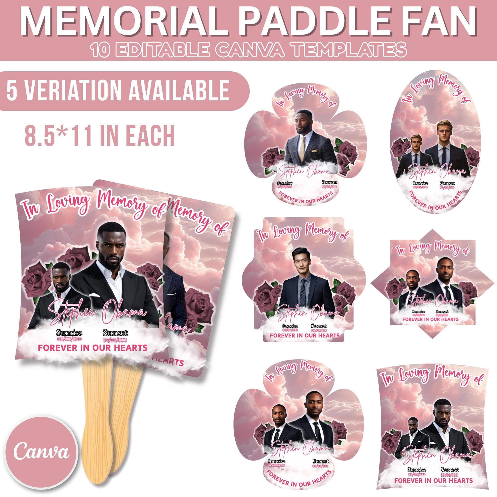 10 Pink In Loving Memory Paddle Fan Editable Template, Memorial Fan, Celebration of Life Paddle Fan, In Loving Memory Handheld Tribute - Editable Memorial Canva Template