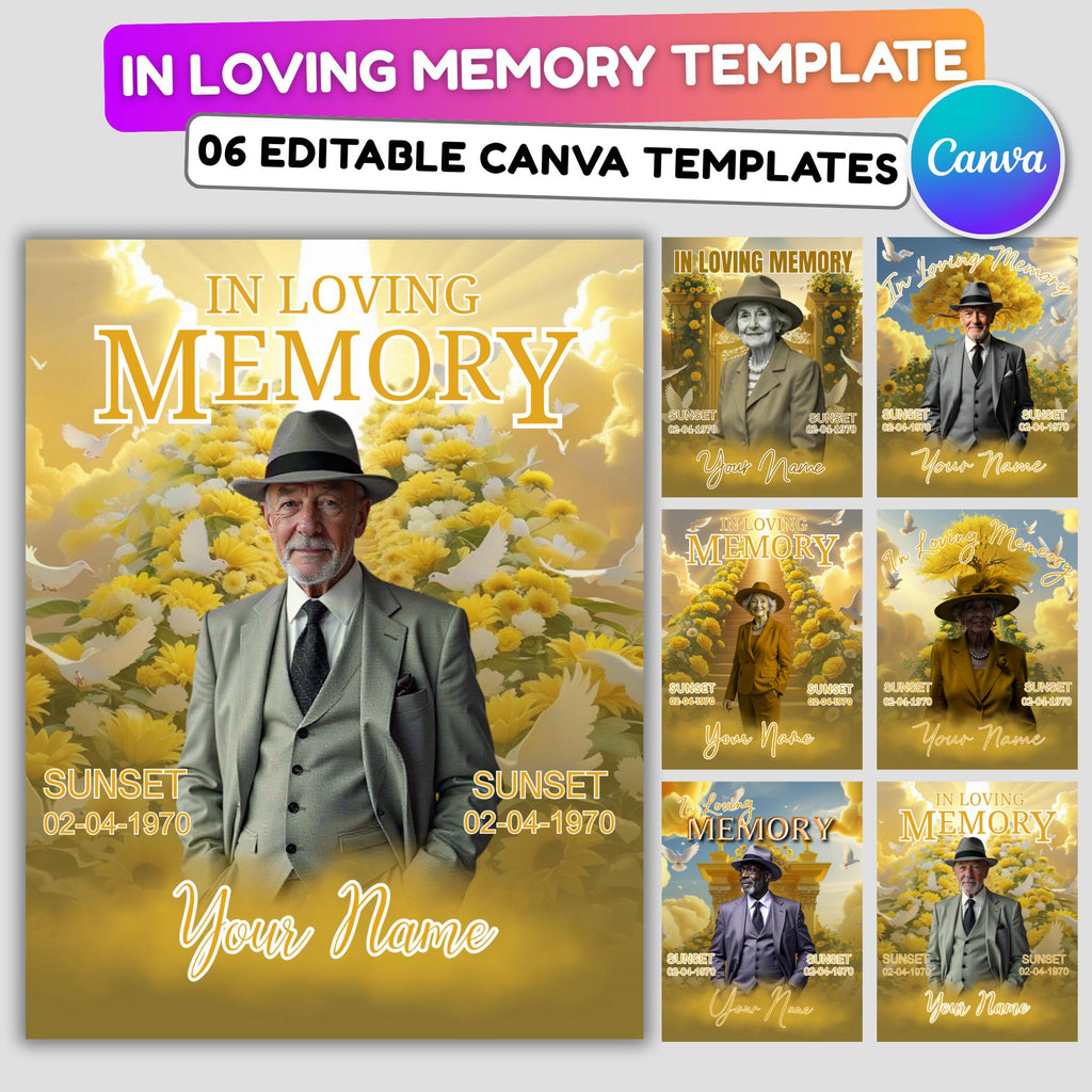 06 Yellow In Loving Memory Canva Editable Templates, Memorial Canva Template, Loving Memory Template, Funeral & Celebration of Life - Editable Memorial Canva Template