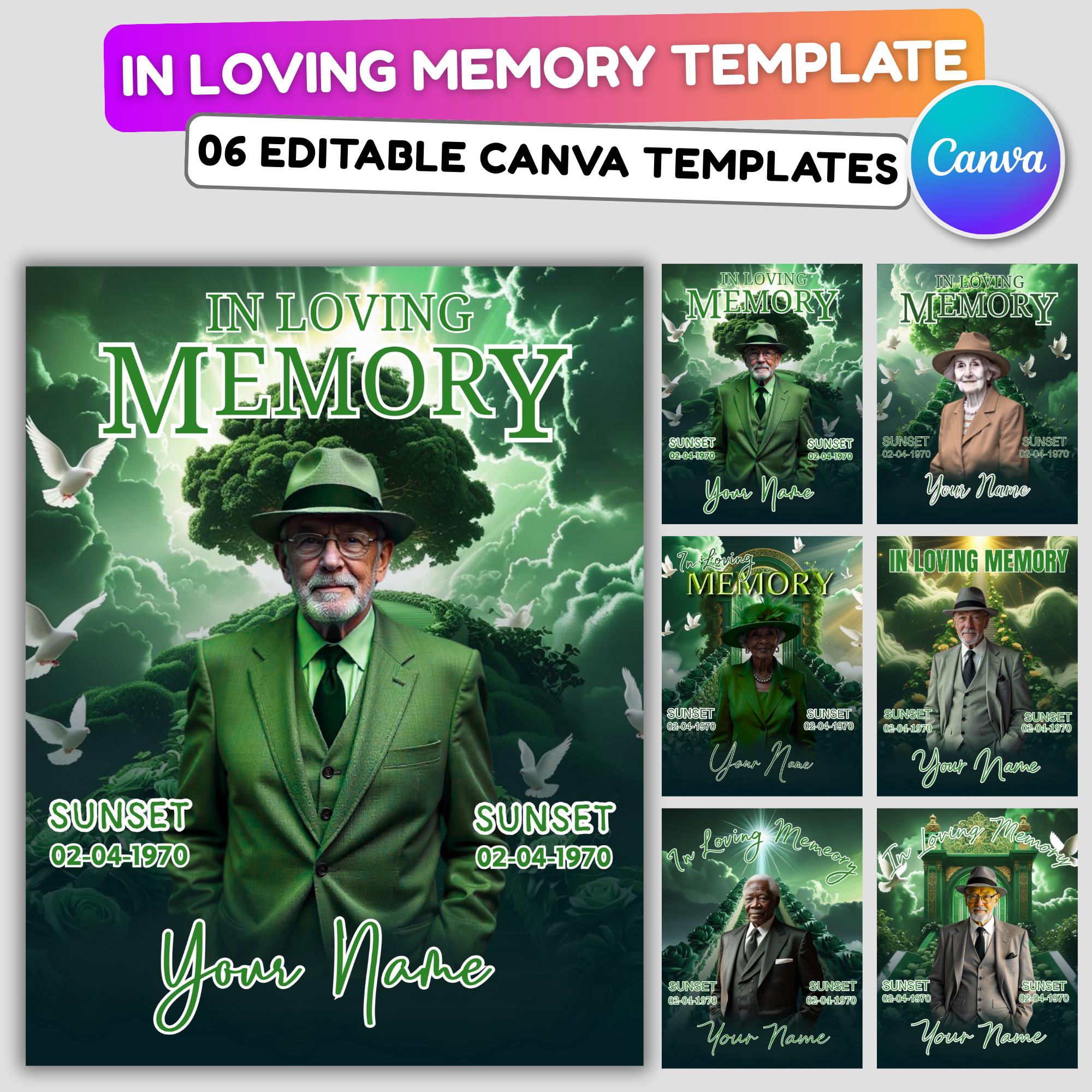 06 Green In Loving Memory Canva Editable Templates, Memorial Canva Template, Loving Memory Template, Funeral & Celebration of Life - Editable Memorial Canva Template