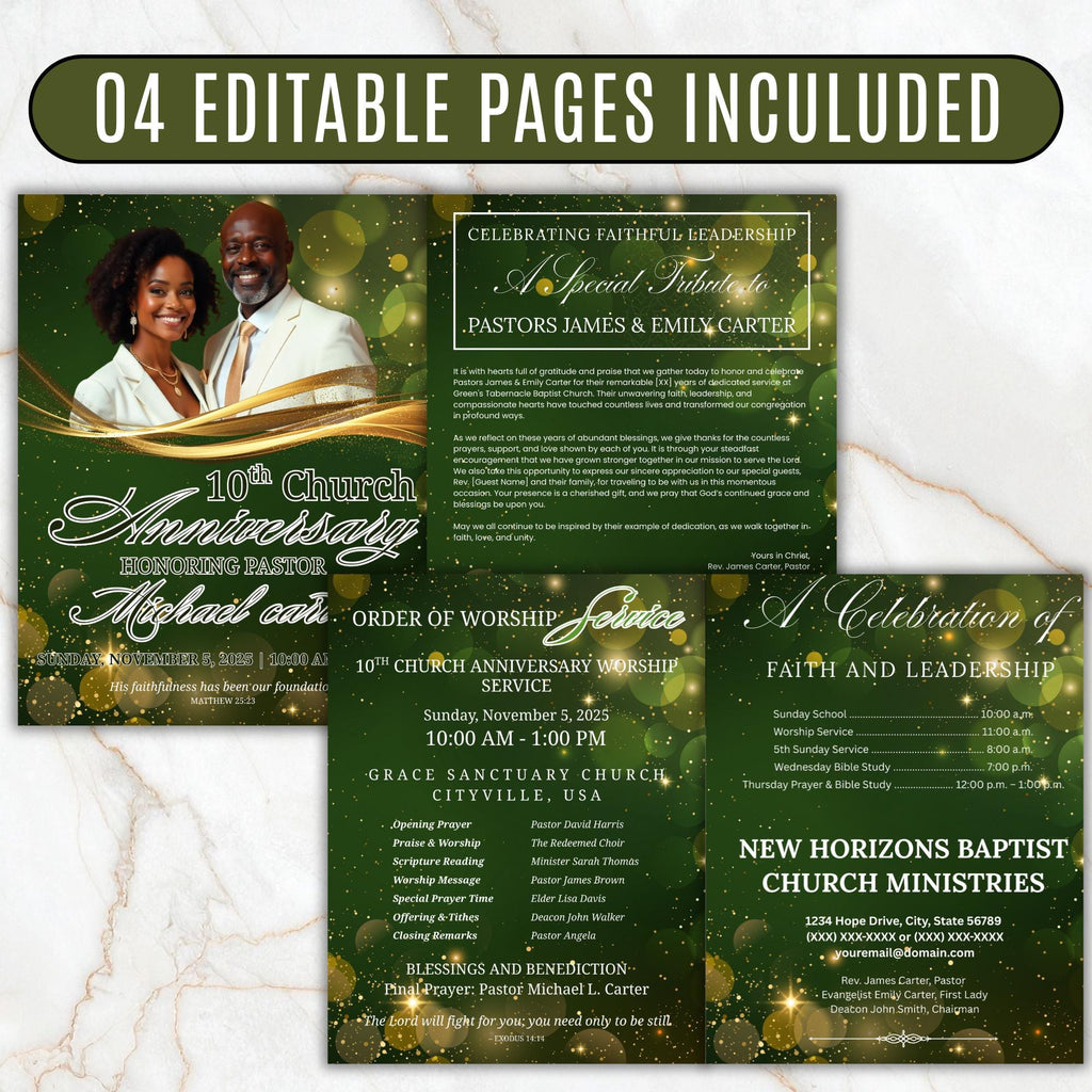 04 Pages Green Christmas Church Anniversary Program Template, Editable Bifold 8.5x11”, Church Appreciation Program, Anniversary Celebration - Editable Memorial Canva Template