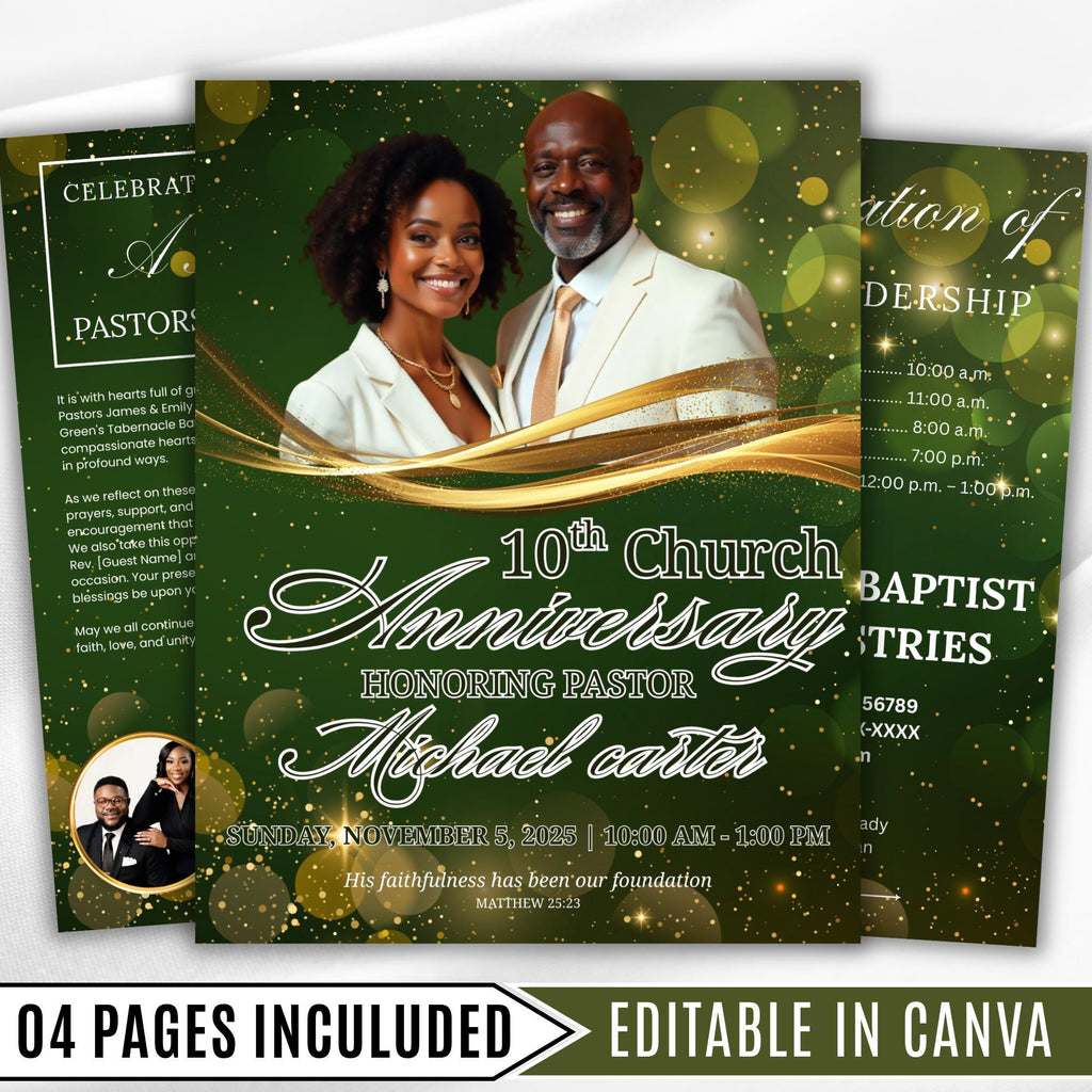 04 Pages Green Christmas Church Anniversary Program Template, Editable Bifold 8.5x11”, Church Appreciation Program, Anniversary Celebration - Editable Memorial Canva Template