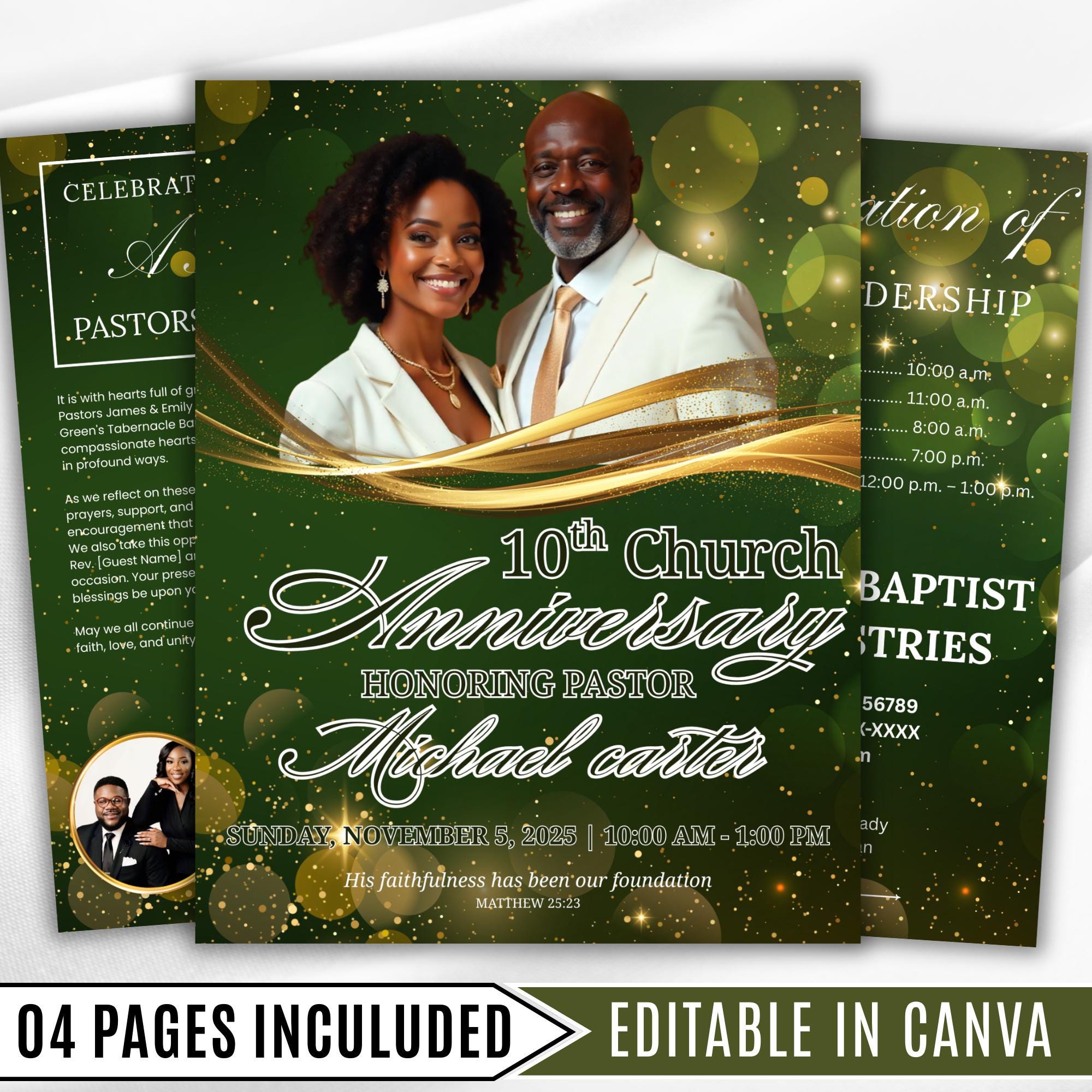 04 Pages Green Christmas Church Anniversary Program Template, Editable Bifold 8.5x11”, Church Appreciation Program, Anniversary Celebration - Editable Memorial Canva Template
