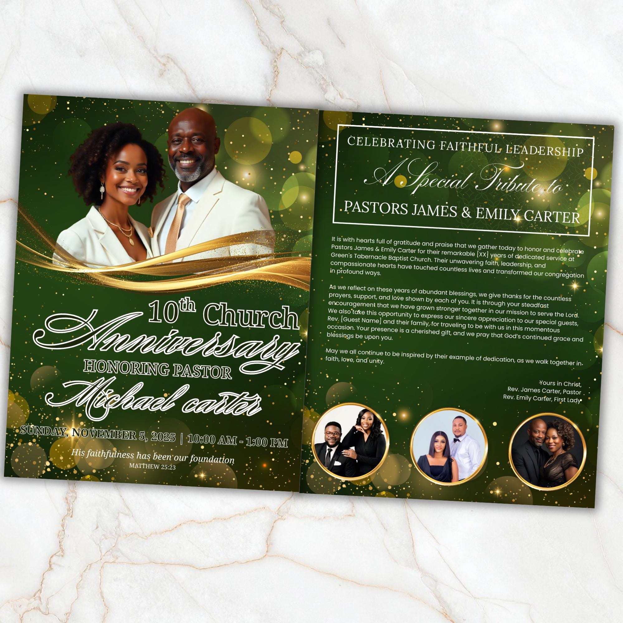 04 Pages Green Christmas Church Anniversary Program Template, Editable Bifold 8.5x11”, Church Appreciation Program, Anniversary Celebration - Editable Memorial Canva Template