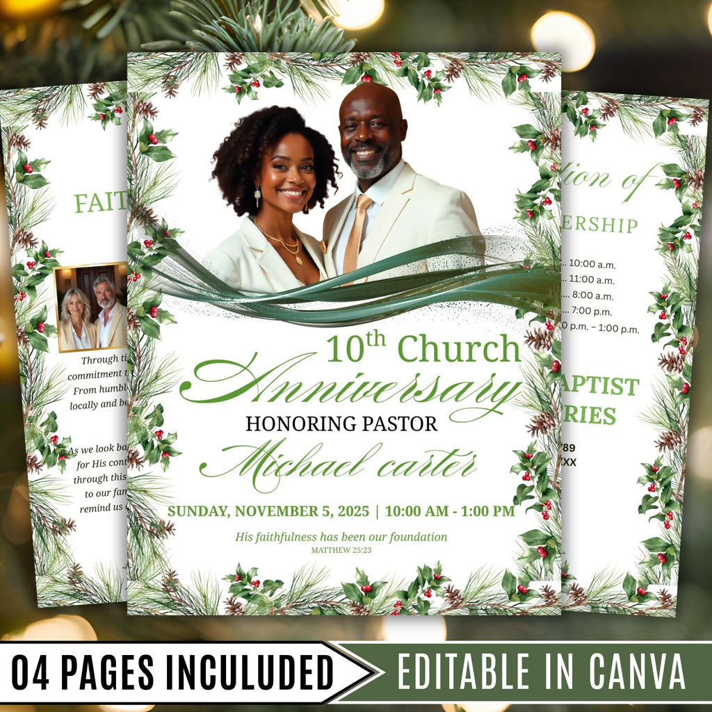 04 Pages Christmas Church Anniversary Program Template, Editable Bifold 8.5x11”, Church Appreciation Program, Anniversary Celebration - Editable Memorial Canva Template