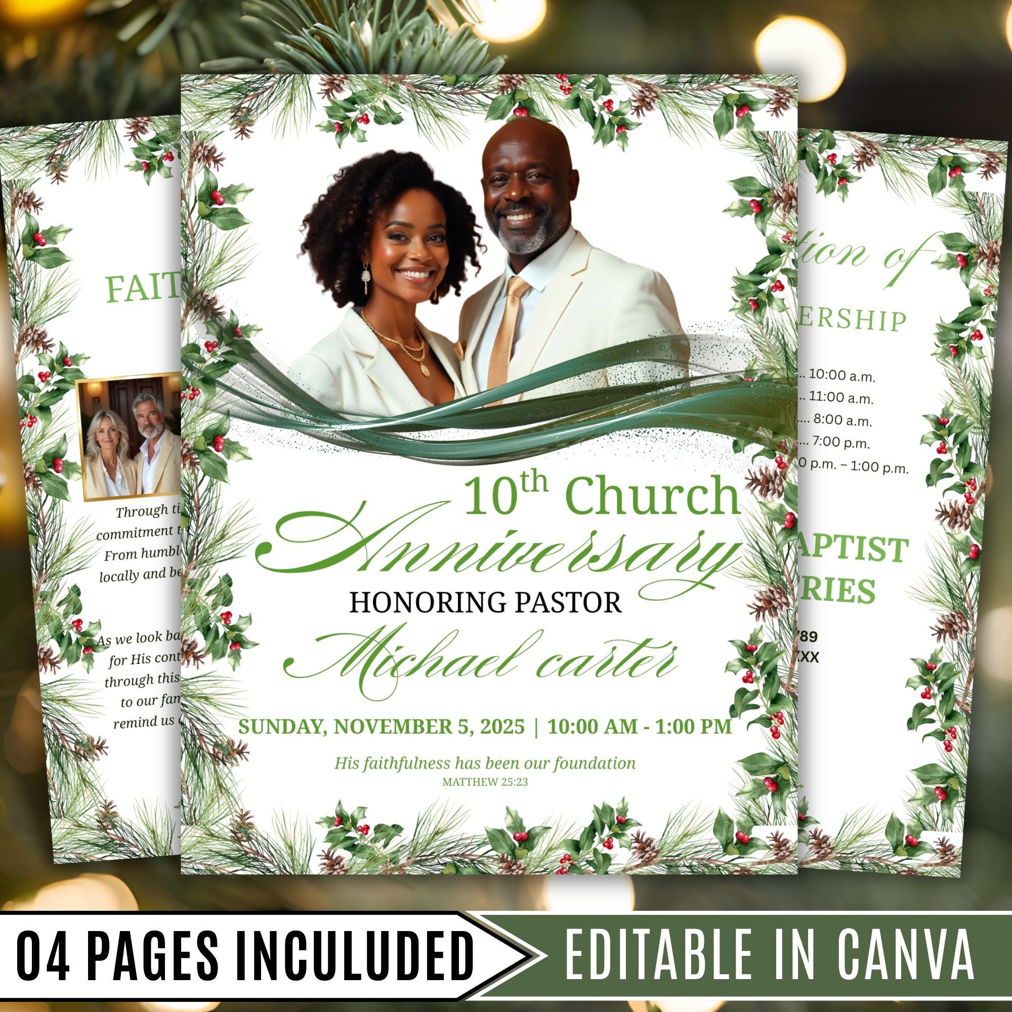 04 Pages Christmas Church Anniversary Program Template, Editable Bifold 8.5x11”, Church Appreciation Program, Anniversary Celebration - Editable Memorial Canva Template
