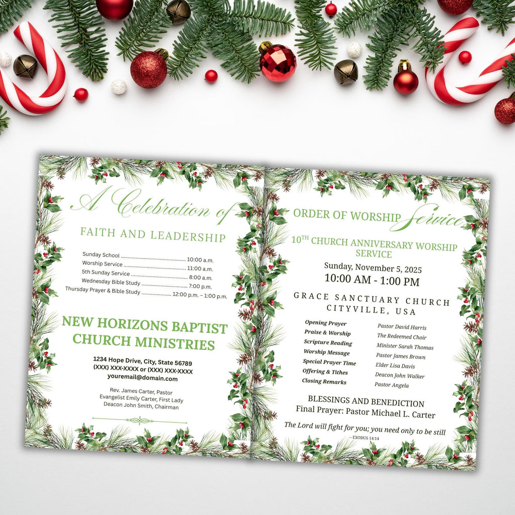 04 Pages Christmas Church Anniversary Program Template, Editable Bifold 8.5x11”, Church Appreciation Program, Anniversary Celebration - Editable Memorial Canva Template