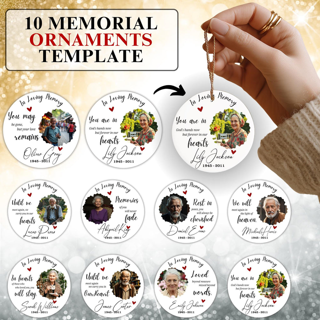 10 Memorial Christmas Ornament Bundle Canva Template, Round Christmas in Heaven, Memorial Ornaments Template, Funeral & Celebration - Editable Memorial Canva Template